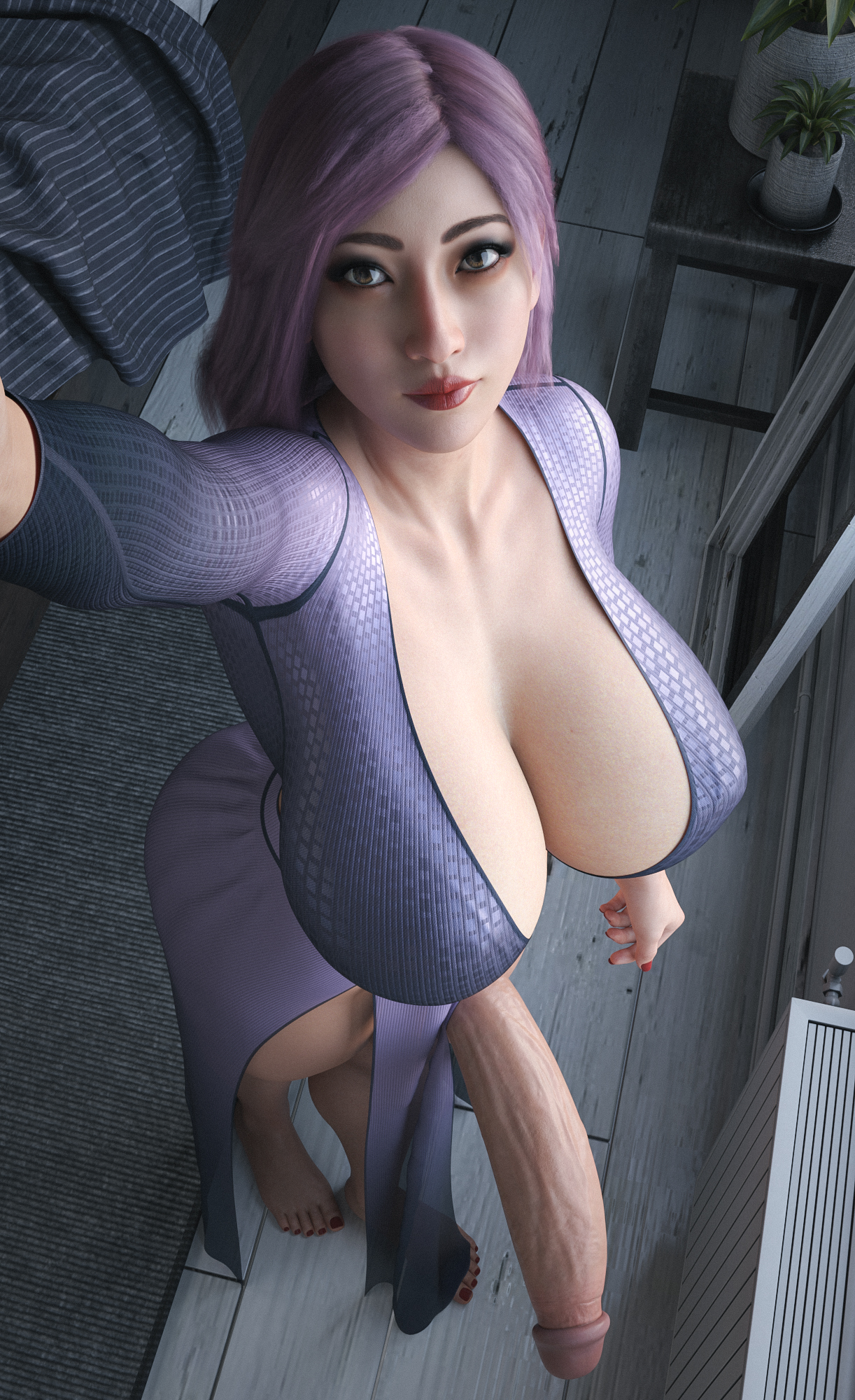 1futa, 3d, balls, barefoot, big penis, breasts, busty, casual nudity, cleavage, clothing, feet, futa only, futanari, half-erect, hi res, high-angle view, huge cock, indoors, ineffective clothing, intersex, large breasts, light skin, light-skinned futa, looking at viewer, mostly nude, painted nails, penis, penis out, purple hair, revealing clothes, ryuu ga gotoku, seong-hui, solo, standing, stevencarson, testicles, thick thighs