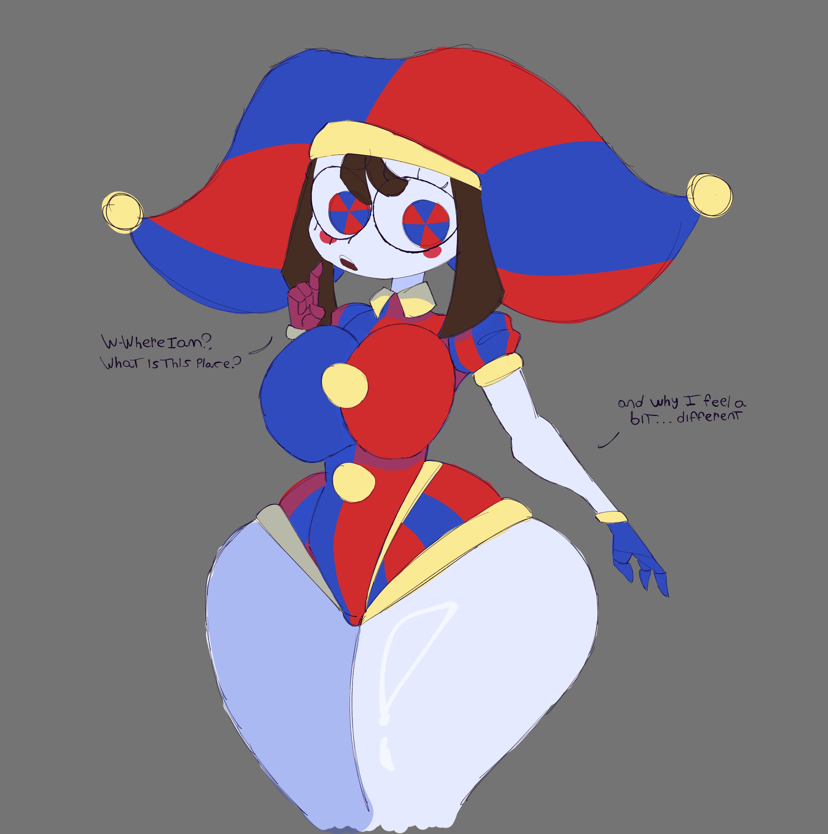 2023, 2d, 2d (artwork), 2d artwork, artist request, breasts, brown hair, dialogue, female, glitch productions, gloves, gooseworx, huge thighs, jester, jester costume, jester hat, jester outfit, looking to the side, medium breasts, pomni, pomni (the amazing digital circus), short hair, tagme, the amazing digital circus, thick thighs, white body