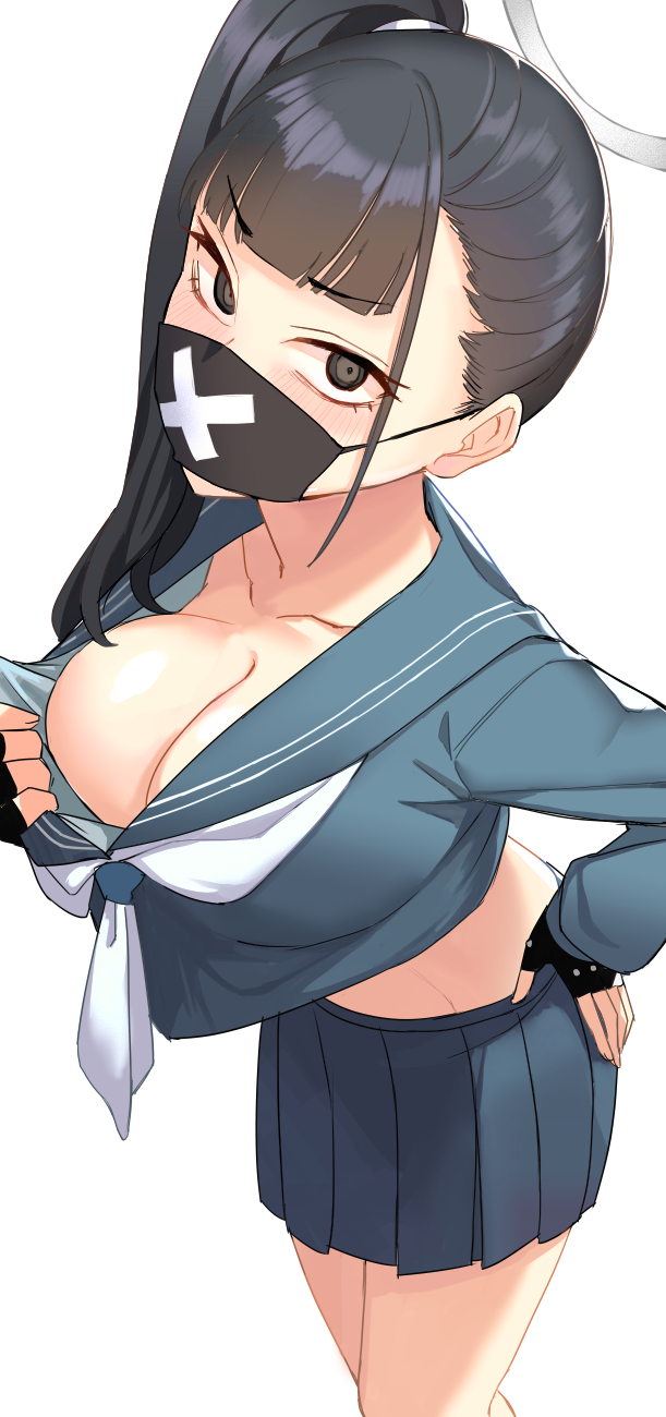 artist_request blue_archive blush cleavage flashing_breasts hands_on_hips huge_breasts looking_at_viewer no_bra presenting_cleavage sukeban_(smg)_(blue_archive) tagme_(artist) white_background