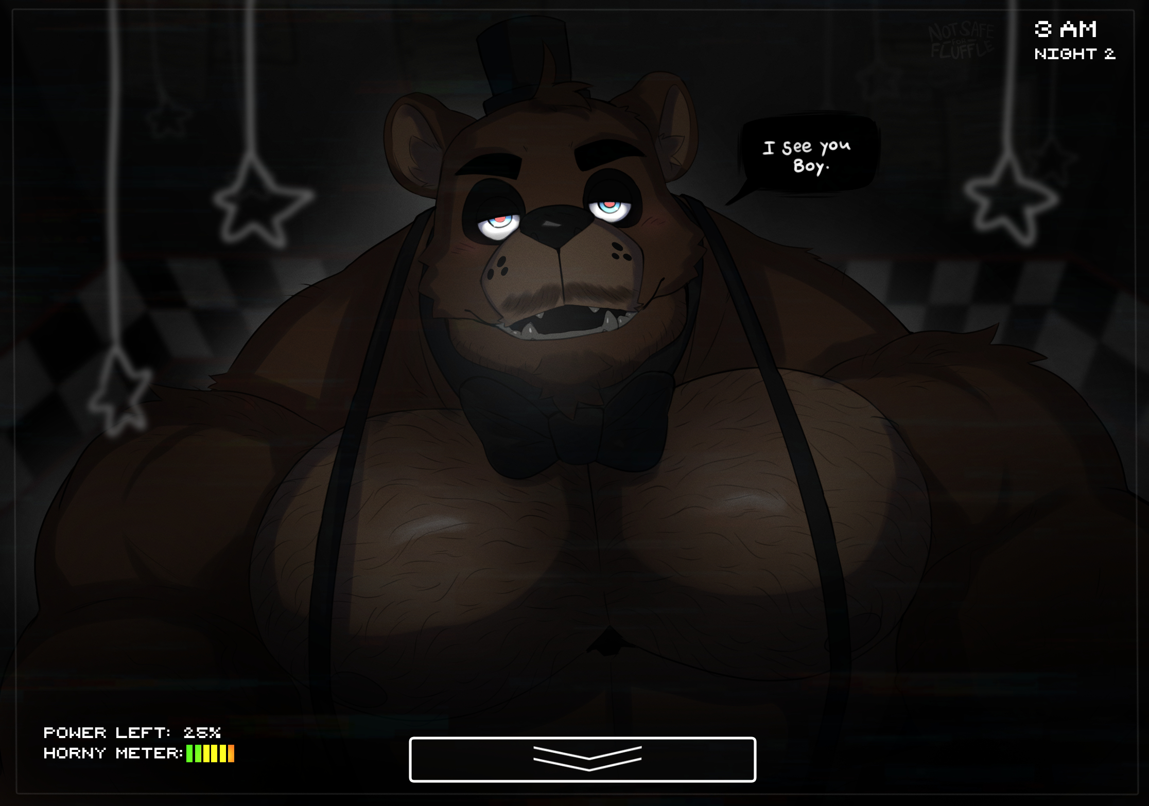 anthro, bara, bear, body hair, facial hair, five nights at freddy's, flufflecraft, freddy (fnaf), furry, gay, male, male only, muscles, muscular, solo, solo male, speech bubble, ursid, yaoi