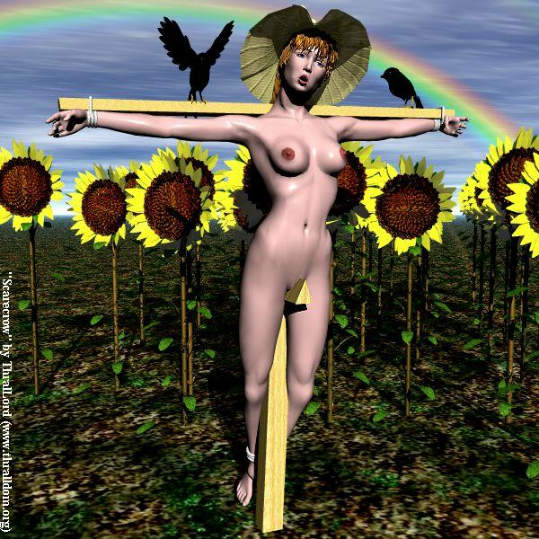 1990s 1999 1girls 20th_century 2animals 3d armpits arms_tied artist_name bird birds bondage copyright_name crow crucifixion day daylight daytime facing_viewer full_body hat hat_only headwear_only legs_tied_together naked_female nude_female outdoor_nudity outdoors perky_breasts pussy_torture rainbow scarecrow skinny_female small_breasts solo stationary_restraints straw_hat sunflower sunflowers thrallord tied_to_pole uncensored