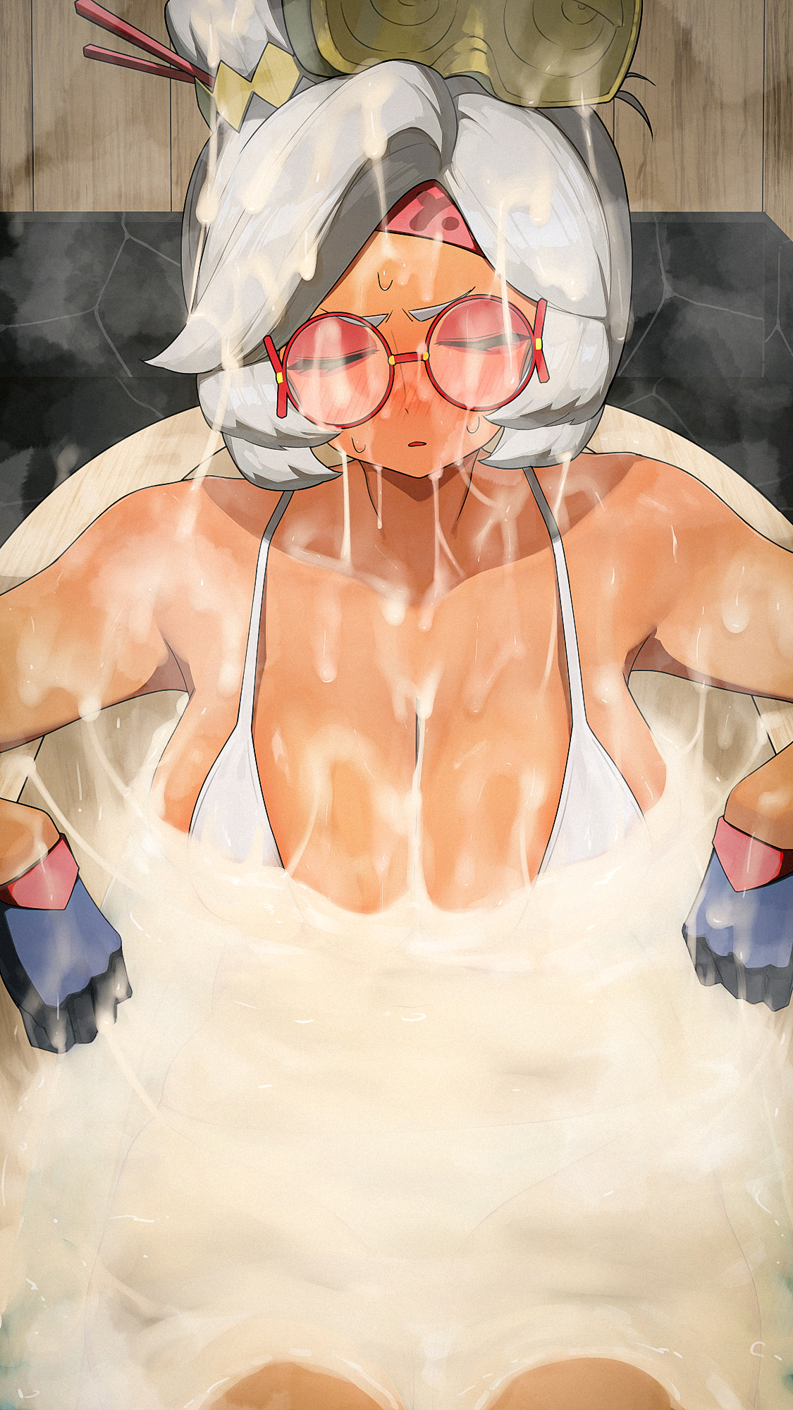 1girls, after paizuri, after sex, angry, angry face, bathroom, between breasts, big breasts, bikini, blush, breasts, cleavage, collarbone, cum, cum bath, cum between breasts, cum drip, cum everywhere, cum on body, cum on breasts, cum on chest, cum on face, cum on glasses, cum on hair, cum on upper body, cum string, cum trail, cumdrip, curvaceous, curvy, curvy figure, cute, cute face, excessive cum, eyewear, facial, female, female only, glasses, gloves, hair ornament, hi res, high resolution, highres, hizake, horny, hourglass figure, kashu (hizake), large breasts, makeup, nintendo, overflowing breasts, partially submerged, purah, purah (tears of the kingdom), sheikah, shiny hair, short hair, sideboob, sidelocks, solo, solo female, tears of the kingdom, the legend of zelda, white bikini, white hair, wide eyed, wide hips