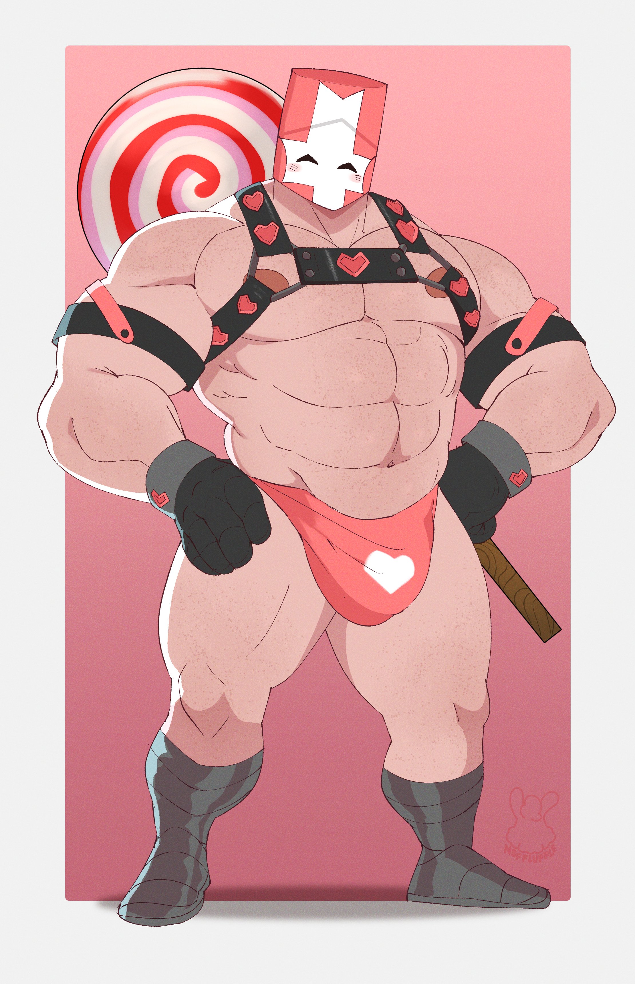 balls, bara, big bulge, blush, bulge, castle crashers, closed eyes, flufflecraft, gloves, harness, helmet, lollipop, male, male only, muscles, muscular, penis, pink knight, solo, solo male, yaoi