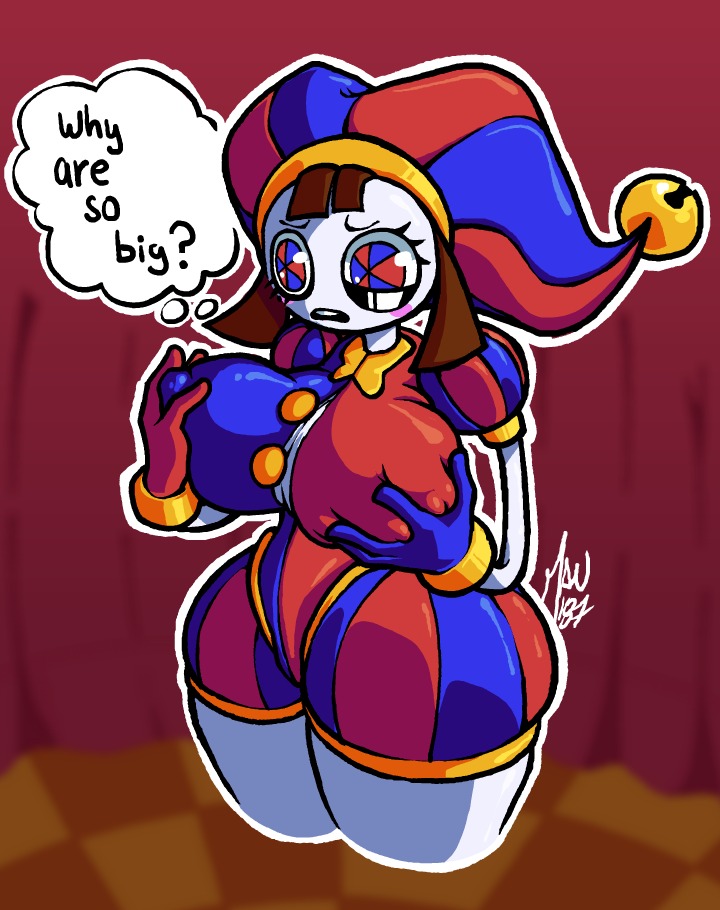 2023, 2d, 2d (artwork), 2d artwork, big breasts, big thighs, breasts, brown hair, confused, dialogue, dialogue bubble, female, glitch productions, gloves, gooseworx, grabbing breasts, grabbing own breast, jester, jester costume, jester hat, jester outfit, mau187, nipples, nipples visible through clothing, pomni, pomni (the amazing digital circus), short hair, tagme, the amazing digital circus, thick thighs, white body