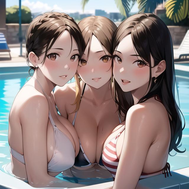 3girls ai_generated ai_mirror black_and_white_bikini blush breast_squeeze brown_eyes brown_hair bush hugging in_water long_hair looking_at_viewer medium_breasts palm_tree pool pool_chair red_and_white_bikini seductive wet white_bikini white_skin