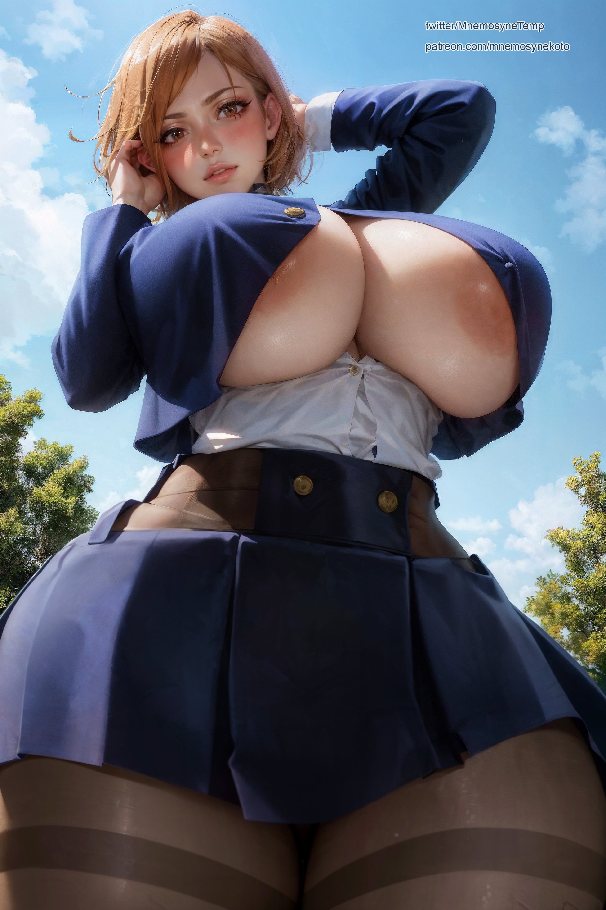1girls, ai generated, alternate breast size, alternate version available, breasts, brown eyes, brown hair, female, female only, hi res, hips, huge breasts, jujutsu kaisen, kugisaki nobara, light skin, light-skinned female, mnemosynekoto, orange hair, pantyhose, school uniform, short hair, stable diffusion, thick thighs, thighs, tight clothes, underboob, voluptuous, wide hips
