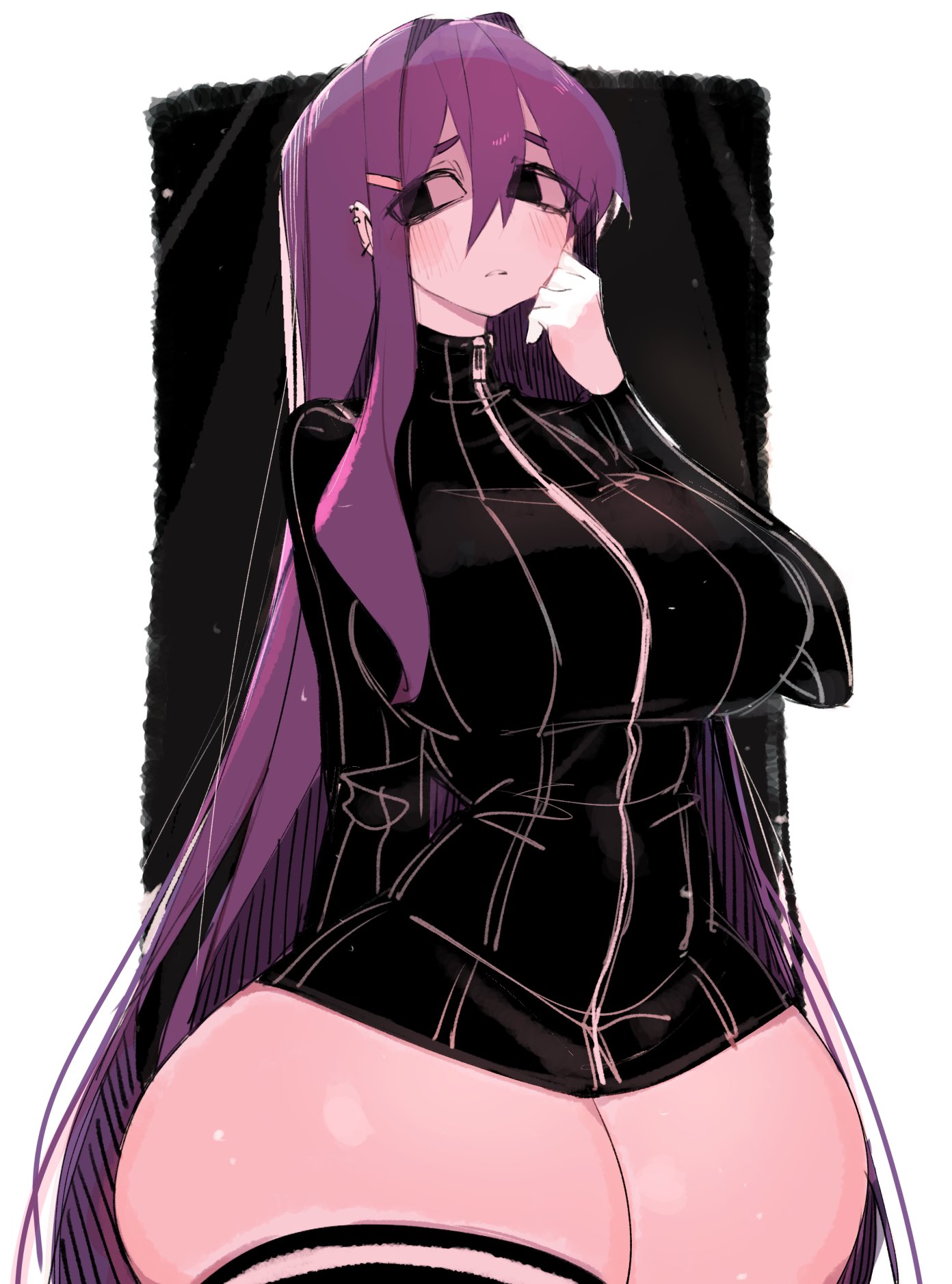 ass, big ass, big breasts, big thighs, black jacket, breasts, cute, doki doki literature club, female, female only, gigantic ass, gigantic thighs, huge ass, huge breasts, huge thighs, jacket, long hair, looking to the side, pierced ears, purple hair, thick hips, thick thighs, thighhighs, thighs, usa37107692, wide hips, yuri (doki doki literature club)