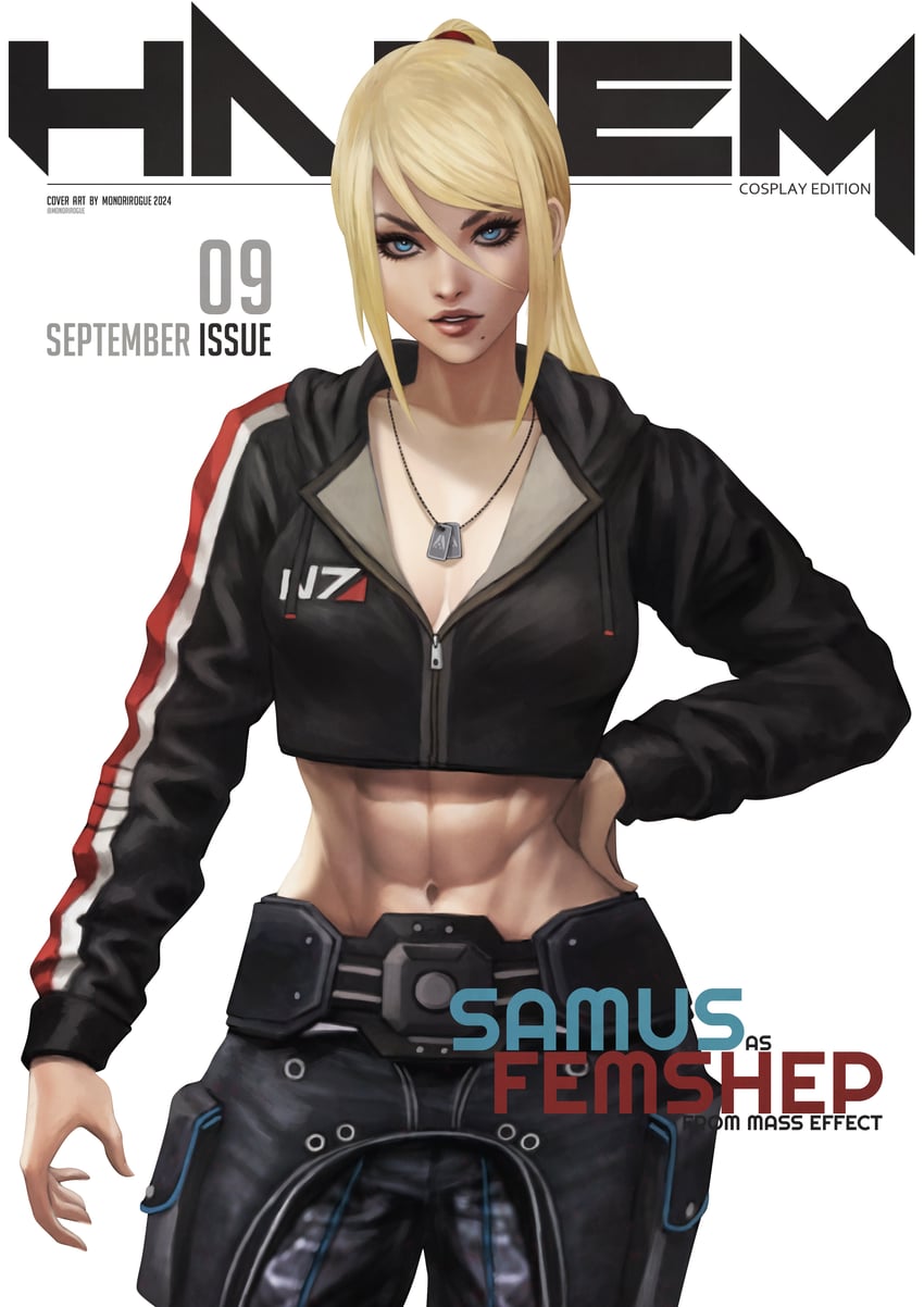 1girls abs absurdres blonde_hair blue_eyes breasts cleavage commander_shepard commander_shepard_(cosplay) cosplay cover crossover crossover_cosplay dog_tags english_text fake_magazine_cover female femshep hair_between_eyes highres hood hoodie long_hair magazine_cover mass_effect mass_effect_(series) metroid midriff mole mole_under_mouth monorirogue no_bra ponytail samus_aran solo toned white_background