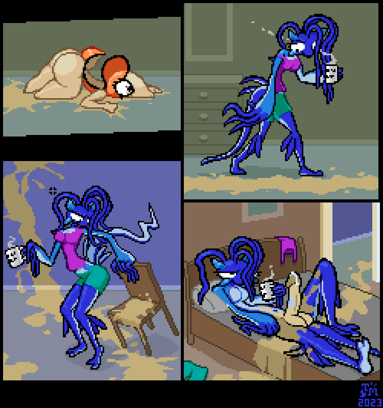 2023 aeolid_nudibranch aeolid_nudibranch_humanoid after_sex annoyed anthro aquatic_gastropod ass ass_up bed big_breasts big_butt big_penis blue_body bodily_fluids border bottomwear breasts chair clothing comic container countershade_torso countershading cum cum_on_penis cup cypress_(toilet_man) digital_media_(artwork) duo erection female furniture furry futanari gastropod genital_fluids genitals glaucus_atlanticus green_bottomwear green_clothing herm holding_object humor intersex marine mollusk navel nemertea nude nudibranch on_back penis pink_clothing pink_topwear pixel_(artwork) sea_slug shadow shirt short_stack shorts shortstack signature slime slug squishy_(toilet_man) steam tank_top toilet_man topwear worm