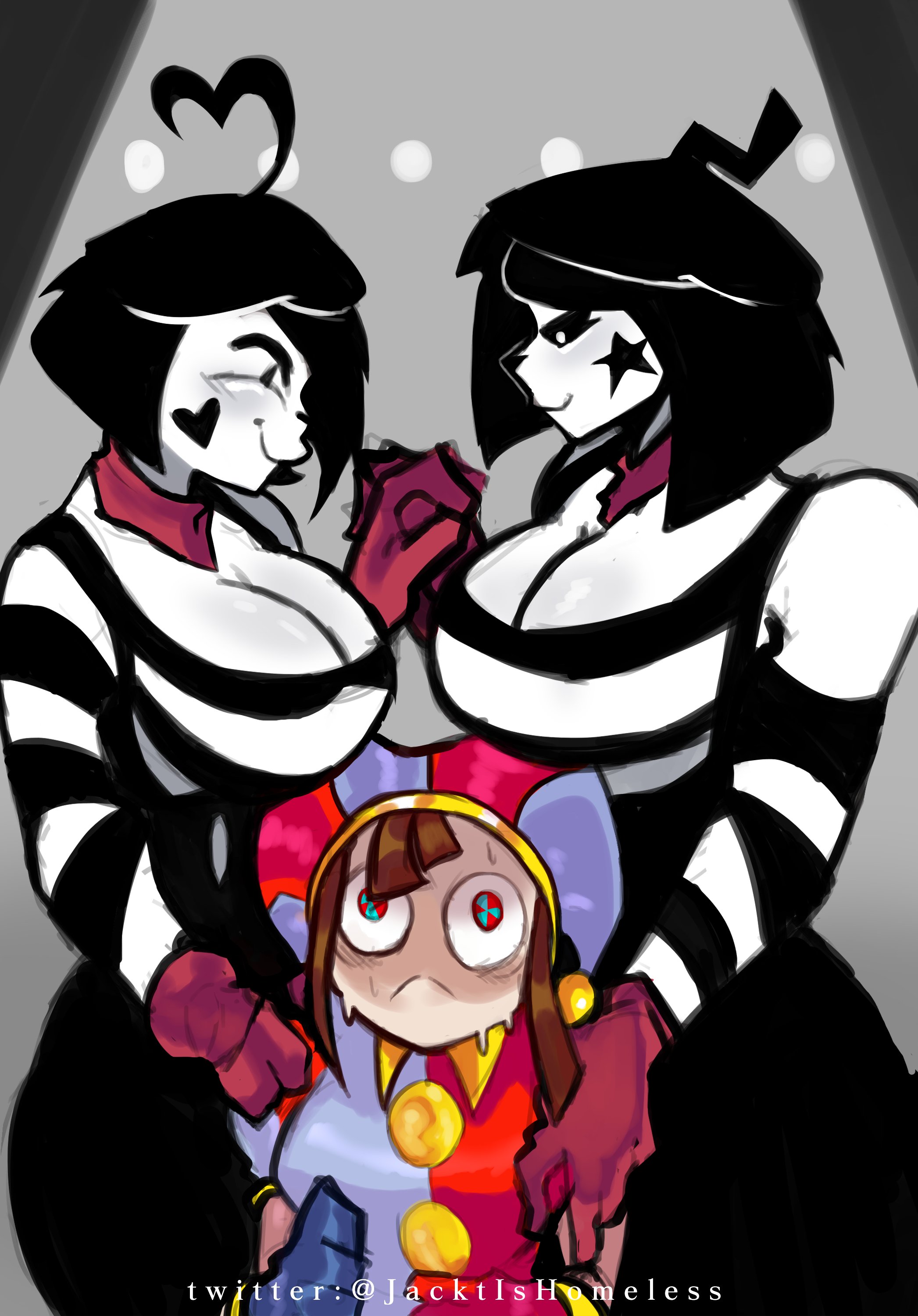 2023, 2d, 2d (artwork), 2d artwork, 3girls, artist request, big breasts, big thighs, black hair, black pants, bonbon (derpixon), breasts, brown hair, chuchu (derpixon), crossover, embarrassed, female, glitch productions, gloves, gooseworx, highres, holding arms, holding hands, jester, jester costume, jester hat, jester outfit, looking at partner, looking down, mime, mime and dash, nervous, pomni (the amazing digital circus), short hair, small breasts, smaller female, sweat, sweatdrop, sweating, sweaty face, the amazing digital circus, thick thighs, white body