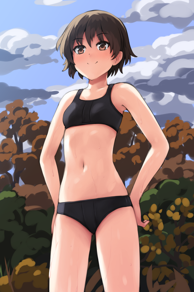 aposine autumn black_buruma black_sports_bra blue_sky blush breasts brown_eyes brown_hair buruma closed_mouth cloud collarbone cowboy_shot day female girls_und_panzer isobe_noriko navel outdoors short_hair sky small_breasts smile solo sports_bra standing