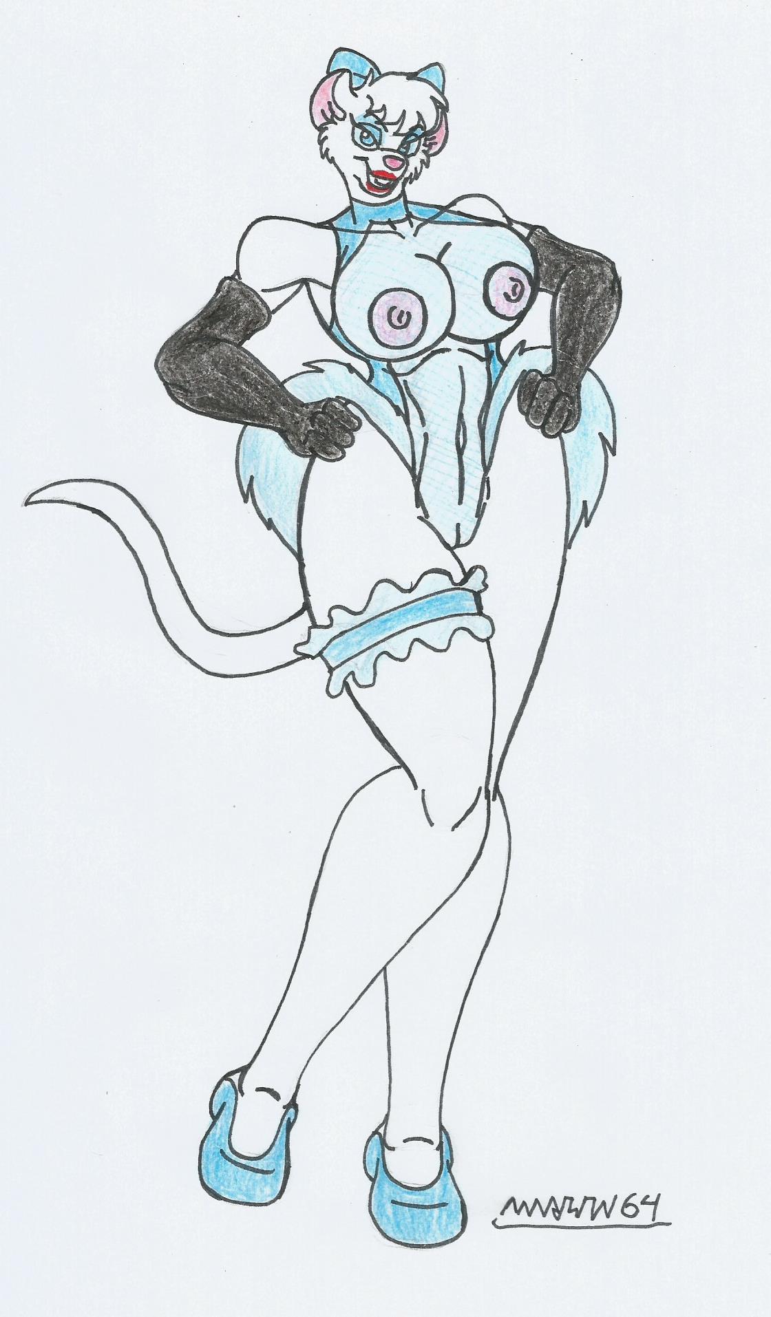 big_breasts big_hips blue_eyes disney elbow_gloves eyeshadow female furry high_heels lipstick marlon64 miss_kitty_mouse mouse_girl mouse_humanoid ribbon solo the_great_mouse_detective traditional_drawing_(artwork) transparent_clothing transparent_leotard white_background white_fur white_hair