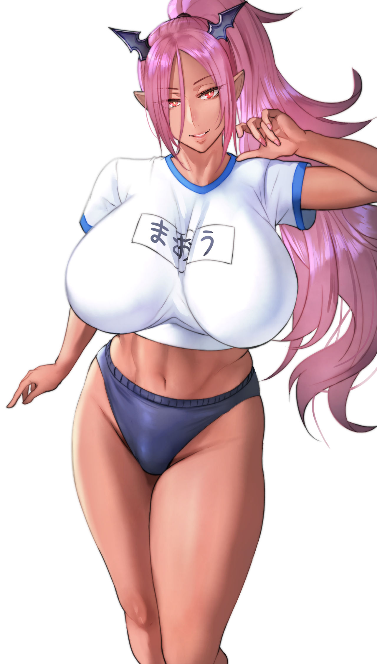 1girls, 2020, absurd res, arm up, bare arms, blue buruma, breasts, buruma, clothes writing, clothing, dark skin, dark-skinned female, demon, demon girl, demon horns, demon queen wife (pepe (jonasan)), eyebrows visible through hair, eyes visible through hair, female, female only, gym uniform, highres, horns, huge breasts, japanese text, long ears, long hair, long ponytail, looking at viewer, midriff, nail polish, navel, original, pepe (jonasan), pink nails, pointy ears, ponytail, purple hair, red eyes, shirt, simple background, smile, solo, standing, teeth, text, thick thighs, thighs, tied hair, tight clothing, translated, undersized clothes, uniform, very long hair, white background, white shirt