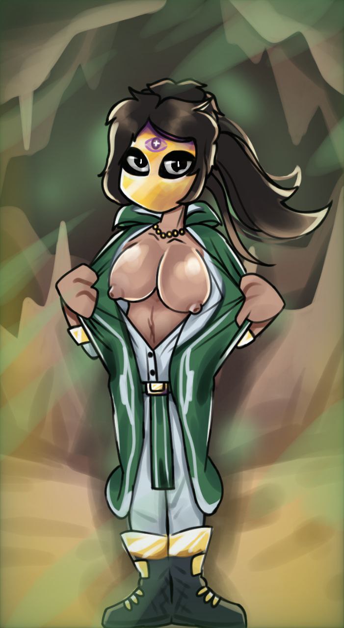 2023 3_fingers areolae belly_button big_breasts big_nipples black_eyes brown_hair dana_(thirteen_lights) dark-skinned_female gold_mask green_clothing lololowka long_hair nipples no_bra photef showing_breasts solo solo_female thirteen_lights