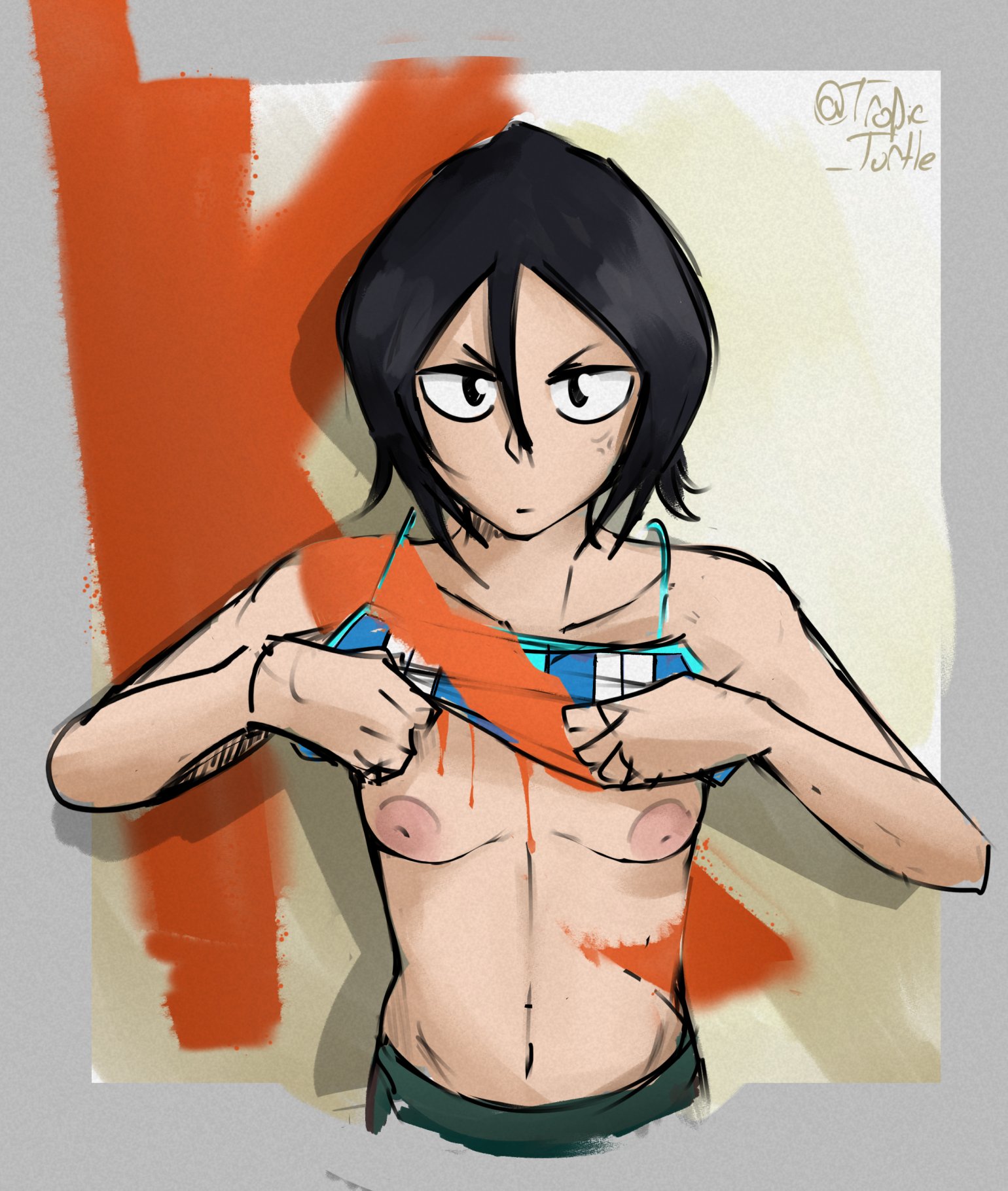 1girls, black eyes, black hair, bleach, breasts, female, female focus, female only, flashing, flashing breasts, kuchiki rukia, nipples, short hair, tank top, tank top lift, tropic turtle