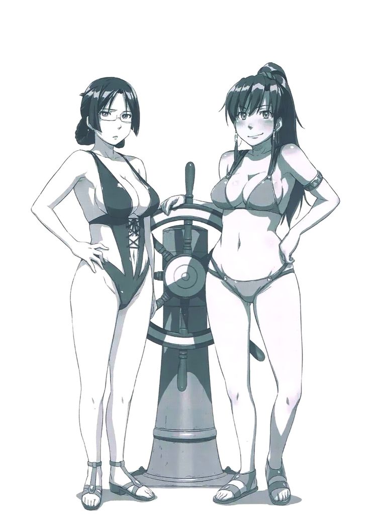 2girls bare_arms bare_legs bare_midriff bare_shoulders bare_thighs barefoot bellows_(suisei_no_gargantia) belly_button bikini bikini_bottom bikini_top black_and_white blue_eyes blush bracelet cleavage earrings female female_only glasses glasses_on_face gold_bracelet golden_bracelet hoop_ear_ring hoop_earrings hoop_rings inner_sideboob long_hair long_ponytail looking_at_viewer midriff monochrome multiple_girls navel orange_bikini orange_bikini_bottom orange_bikini_top orange_sandals ponytail purple_bikini purple_sandals purple_sling_bikini red_hair ridget_(suisei_no_gargantia) sandals sideboob sling_bikini sling_swimsuit slingshot_bikini slingshot_swimsuit steering_wheel suisei_no_gargantia swimsuit swimsuits swimwear thighs tied_hair violet_eyes