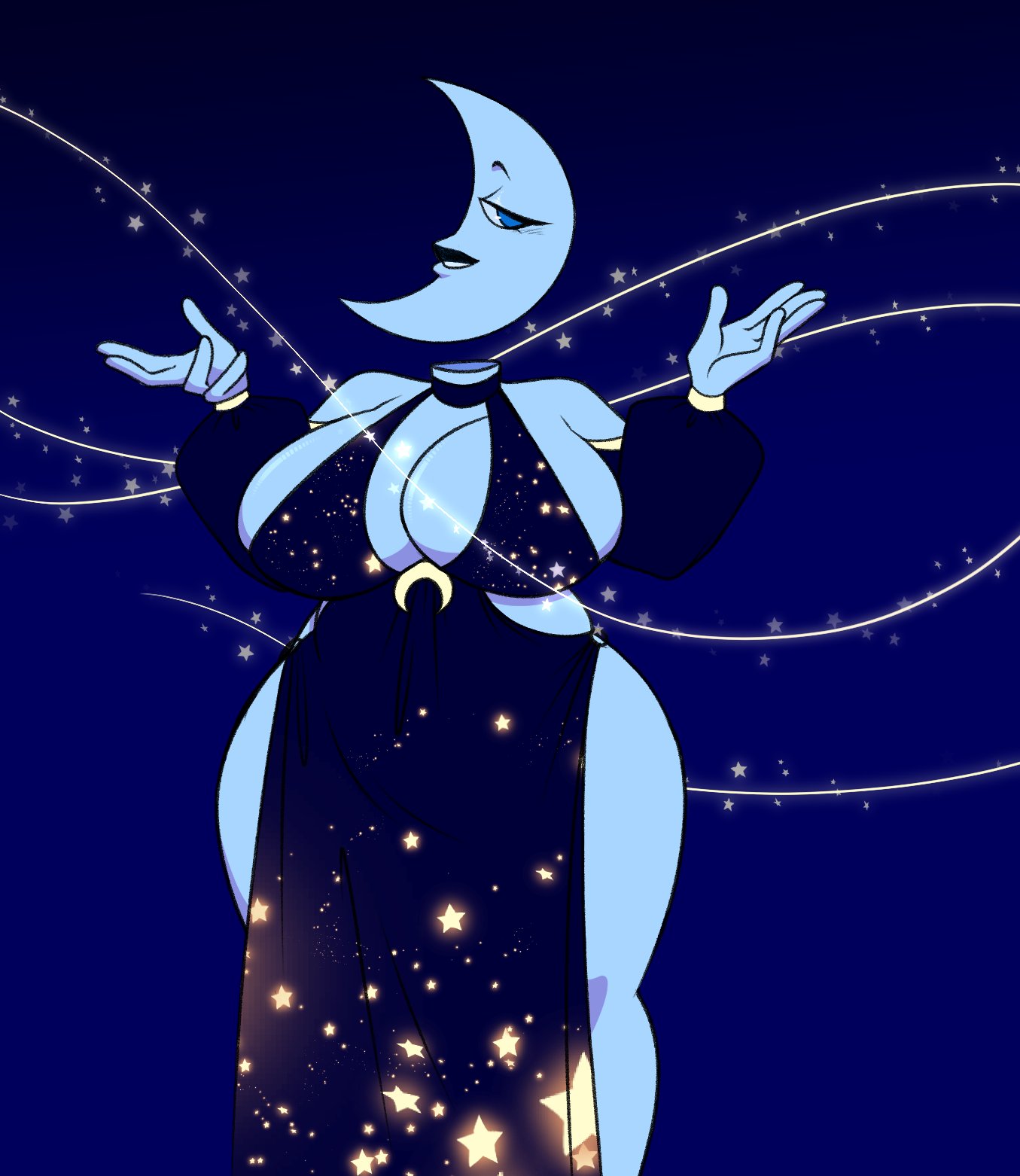 artist request, blue body, blue eyes, breasts, dress, female, glitch productions, gooseworx, huge breasts, huge thighs, looking at viewer, moon, moon (the amazing digital circus), smiling, the amazing digital circus, thick thighs, toonyartz