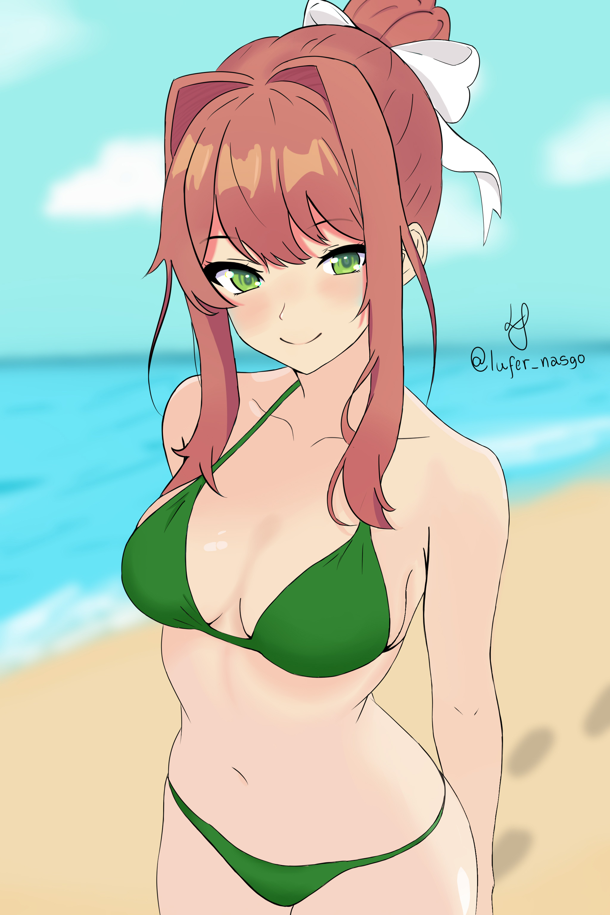 1girls, beach, bikini, blush, breasts, brown hair, clothed, clothed female, doki doki literature club, female, female only, front view, green eyes, long hair, looking at viewer, lufer nasgo, monika (doki doki literature club), ribbon, solo, solo female, standing, swimsuit, tagme, white bow, white ribbon