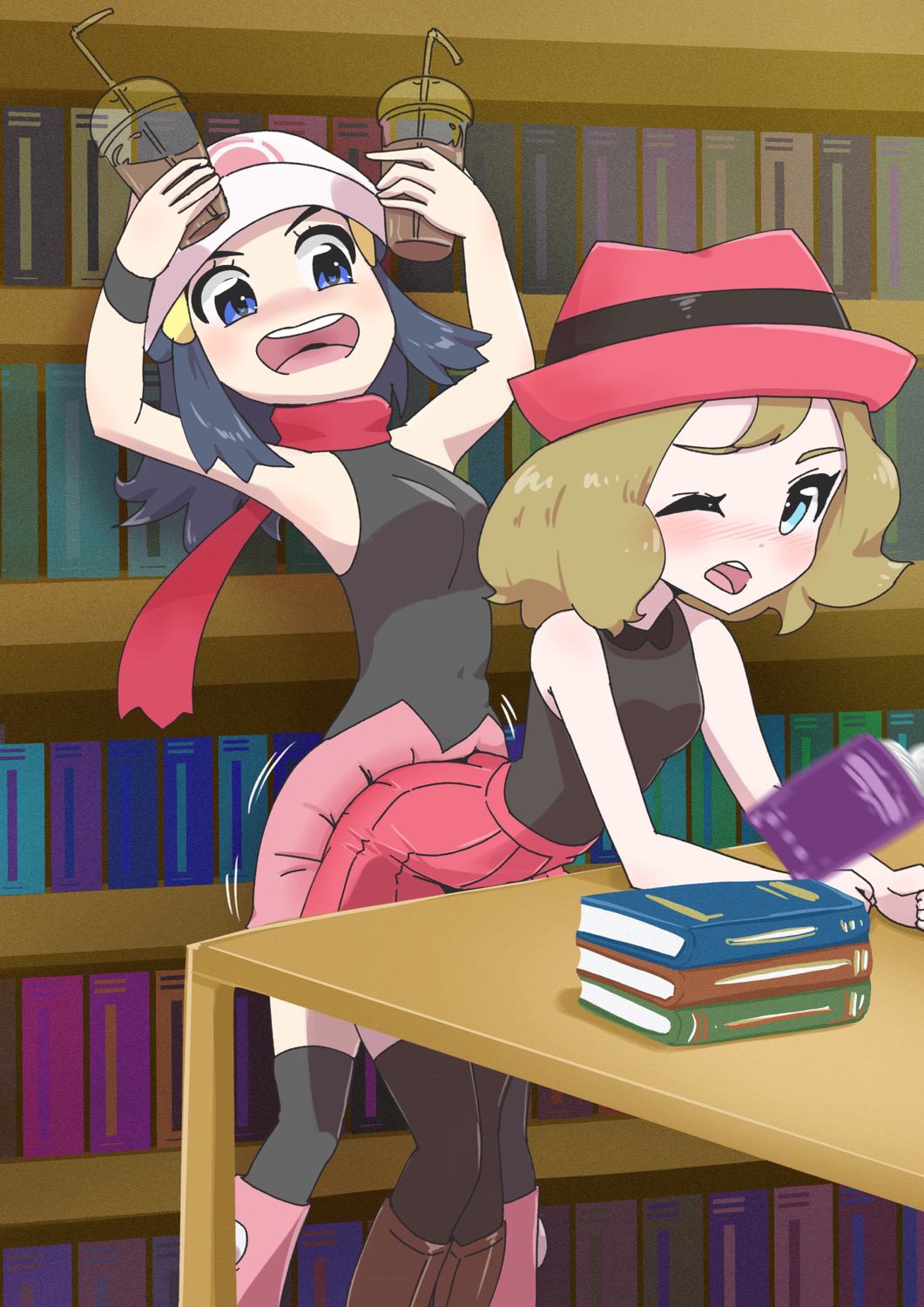 2girls, ass, breasts, clothed, dawn (pokemon), duo, female, female only, human, human only, microsd (artist), multiple females, multiple girls, nintendo, pokemon, serena (pokemon), yuri
