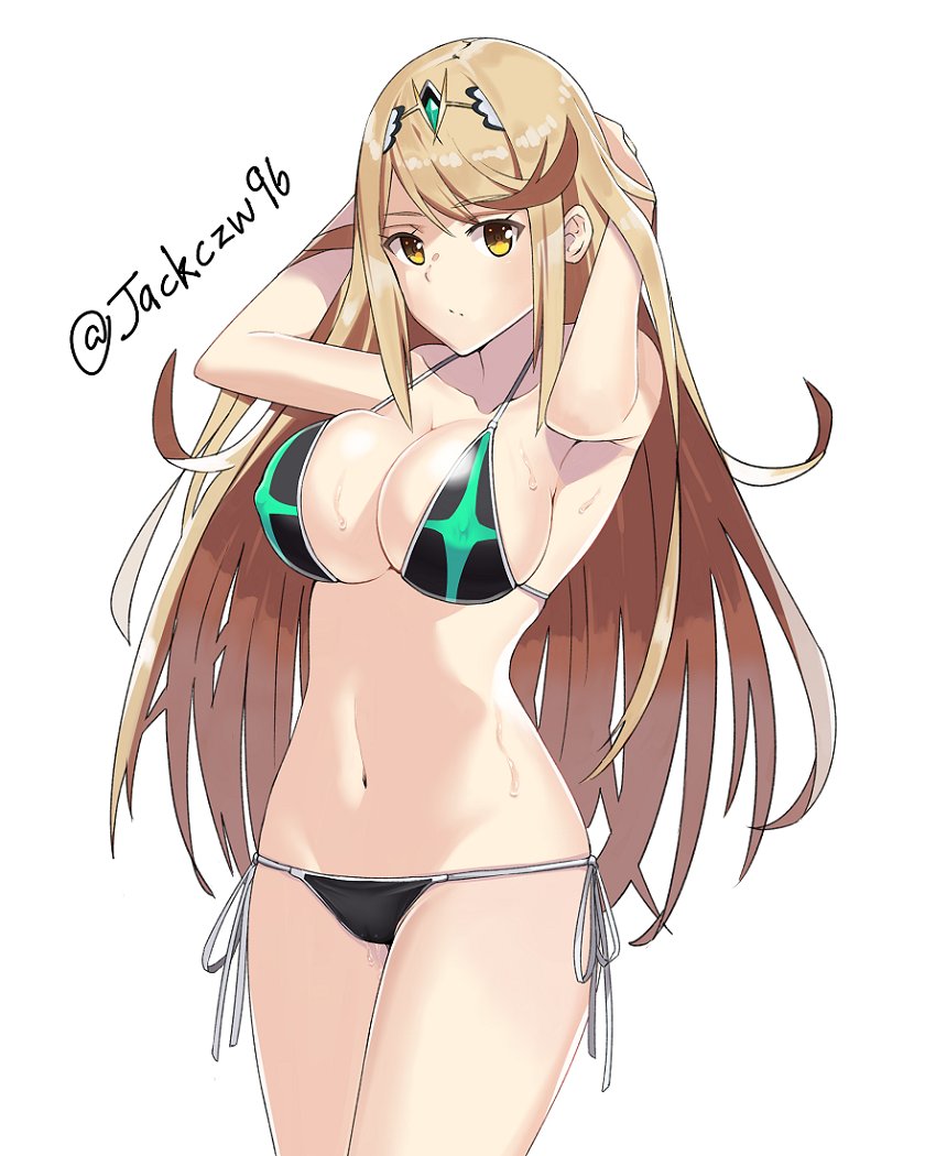 1girls bikini black_bikini black_swimsuit blonde_hair breasts front-tie_bikini j@ck large_breasts long_hair looking_at_viewer midriff mythra_(xenoblade) navel nintendo side-tie_bikini side-tie_swimsuit swimsuit tiara xenoblade_(series) xenoblade_chronicles_2 yellow_eyes