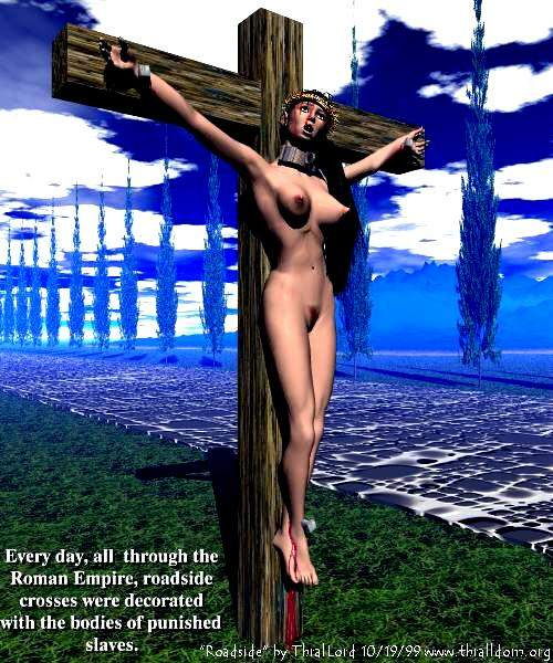 1990s 1999 3d black_hair collar cross crown_of_thorns crucifixion execution naked_female slave thrallord