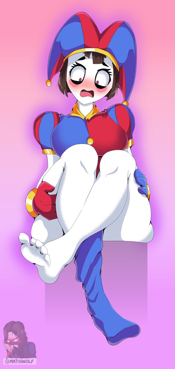 2023, 2d, 2d (artwork), 2d artwork, big breasts, blush, breasts, brown hair, embarrassed, feet, female, glitch productions, gloves, gooseworx, huge thighs, jester, jester costume, jester hat, jester outfit, looking down, matoiwolf, pomni, pomni (the amazing digital circus), short hair, socks, soles, tagme, the amazing digital circus, thick thighs, thighs, white body
