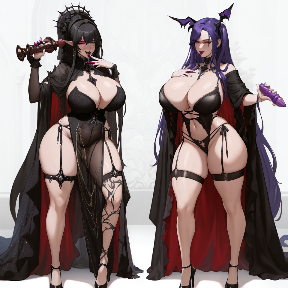 2girls ai_anatomy ai_clothes ai_generated ai_hands ai_penis big_ass bimbo breasts_bigger_than_head bubble_butt dildo female female_only goth gothic gothic_fashion halloween high_heels large_ass light-skinned_female light_skin same_face sex_toy unstable_diffusion warhammer_(franchise) warhammer_fantasy