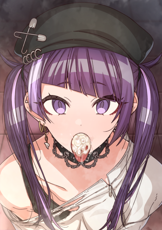 1girls after_fellatio beret black_bra black_choker black_headwear blunt_bangs blush bra choker collarbone cum cum_in_mouth cum_on_tongue diagonal_bangs ear_piercing earrings erere female hat idolmaster idolmaster_shiny_colors jewelry light-skinned_female light_skin long_hair looking_at_viewer open_mouth piercing purple_eyes purple_hair shirt solo studded_choker tanaka_mamimi tongue tongue_out torn_clothes torn_shirt twintails underwear white_shirt