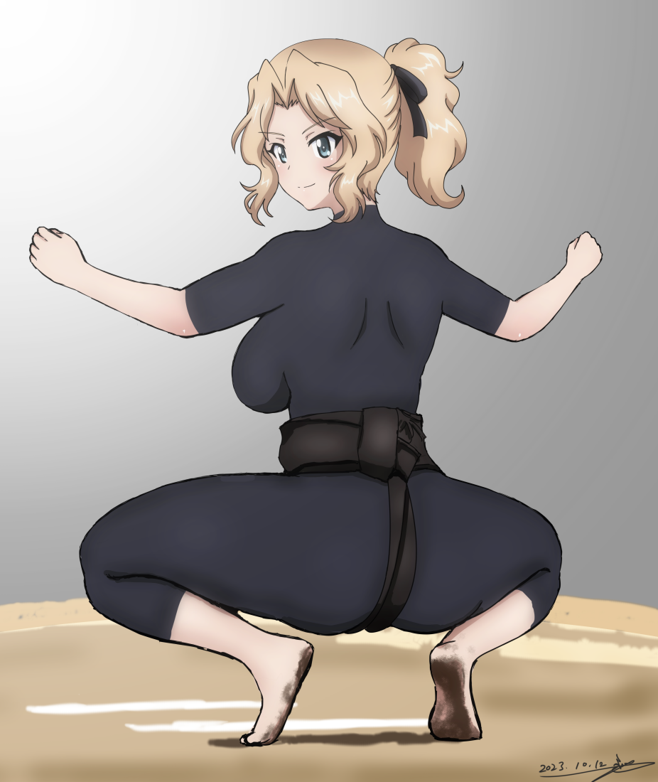 ass black_bodysuit blonde_hair blue_eyes blush bodysuit breasts bukkuri closed_mouth female girls_und_panzer kay_(girls_und_panzer) large_breasts ponytail smile solo