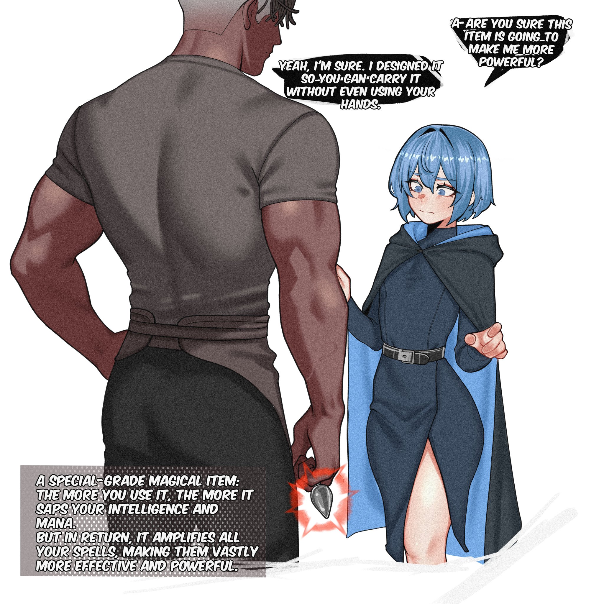 2boys, belt, belt buckle, blue eyes, blue hair, blush, buttplug, cloak, clothed, clothing, cursed item, dark skin, dark-skinned male, english dialogue, english text, femboy, fully clothed, jewel buttplug, kanoji (ni kanojo), light skin, light-skinned femboy, light-skinned male, mage, magic, magic item, muscles, muscular, muscular male, shirt, shorts, smaller male, speech bubble, thighs, trick, trickery
