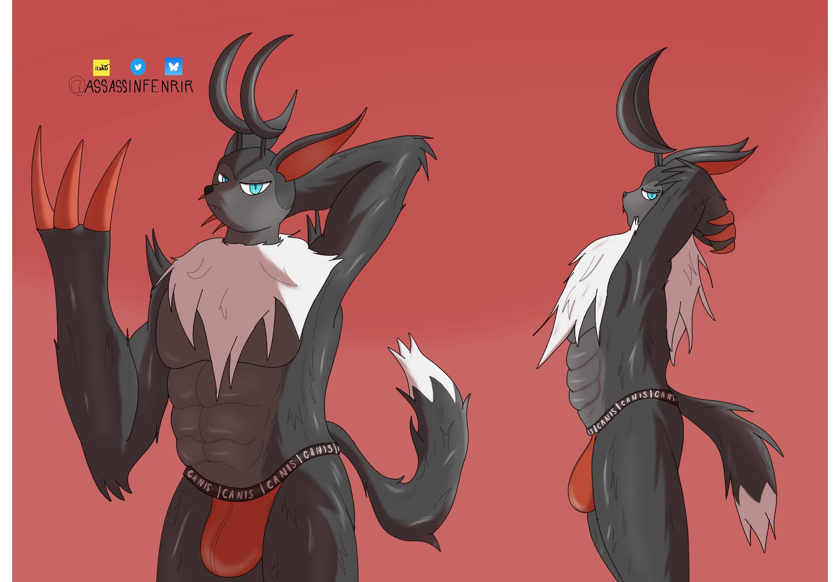 abs anthro antlers assassinfenrir blue_eyes bulge claws clothed clothing digital_media_(artwork) fur grey_body grey_fur hi_res horn jockstrap jockstrap_only lagomorph looking_at_viewer loupmoon male male_focus male_only mammal multicolored_body multicolored_fur muscular muscular_anthro muscular_male pal_(species) palworld pecs pocketpair red_background shaded signature simple_background solo solo_male tail topless two_tone_body two_tone_fur underwear underwear_only were werelagomorph wererabbit white_body white_fur