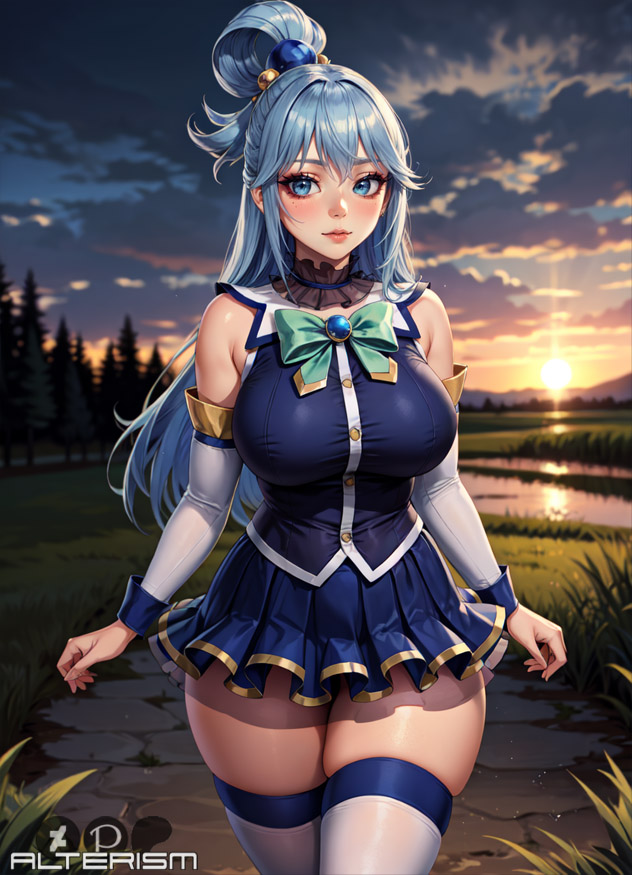 1girls ai_generated alterism aqua_(konosuba) blue_eyes blue_hair bow bowtie curvy detached_sleeves female_focus forest hair_between_eyes hair_ornament kono_subarashii_sekai_ni_shukufuku_wo! large_breasts layered_skirt light-skinned_female light_skin long_hair looking_at_viewer makeup miniskirt outdoors skindentation smile solo standing sunset thick_thighs thighhighs