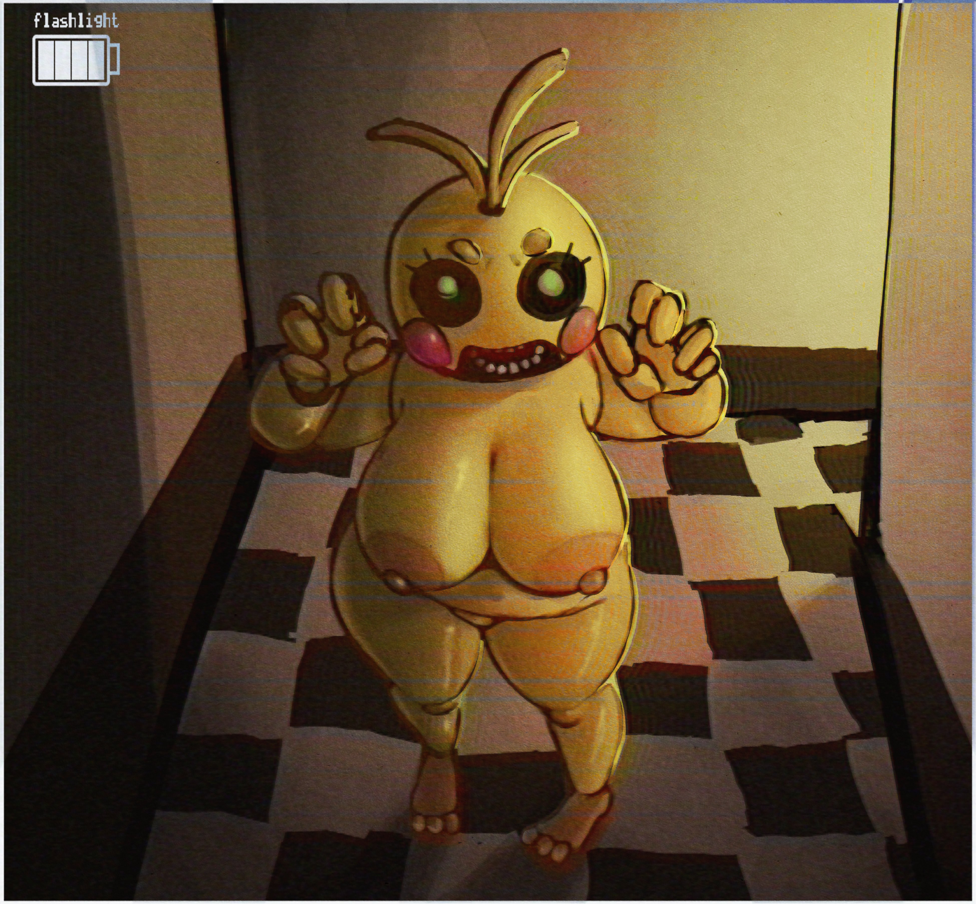 1girls, areola, areolae, big areola, big breasts, big nipples, black sclera, boranaut, breasts, camera, camera view, casual, casual nudity, chubby, completely nude, female, female only, five nights at freddy's, five nights at freddy's 2, huge areolae, huge breasts, huge nipples, looking at viewer, nipples, nude, nude female, pink nipples, solo, solo female, toy chica (fnaf), yellow body