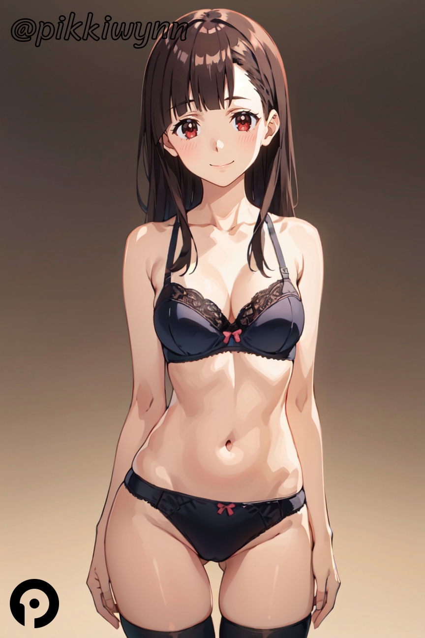 ai_generated ass_visible_through_thighs bangs bare_arms bare_shoulders black_bra black_panties black_thighhighs blush bow bow_bra bow_panties bra breasts brown_background brown_hair cleavage closed_mouth collarbone cowboy_shot female gradient gradient_background kono_subarashii_sekai_ni_shukufuku_wo! long_hair looking_at_viewer medium_breasts navel panties pikkiwynn red_eyes skindentation smile solo stomach thighhighs underwear underwear_only yuiyui_(konosuba)