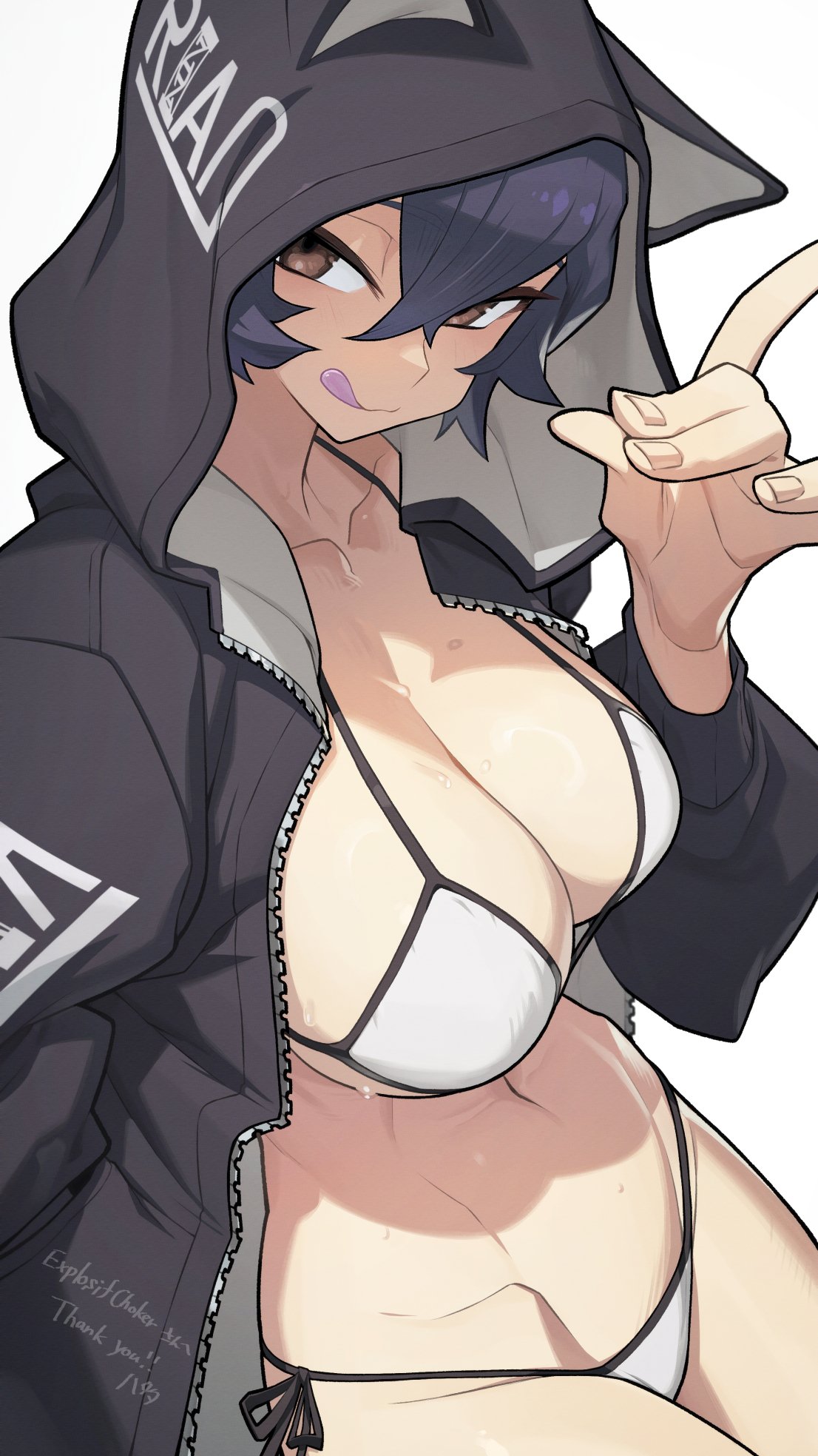 1girls :p artist_name big_breasts bikini breasts brown_eyes busty character_request cleavage female female_only half-closed_eyes highres jacket large_breasts legs lhata4564 licking_lips looking_at_viewer navel open_clothes open_jacket purple_hair seductive seductive_gaze seductive_smile sensual short_hair simple_background smile solo sweat swimsuit thighs toned tongue tongue_out unzipped voluptuous white_background white_bikini