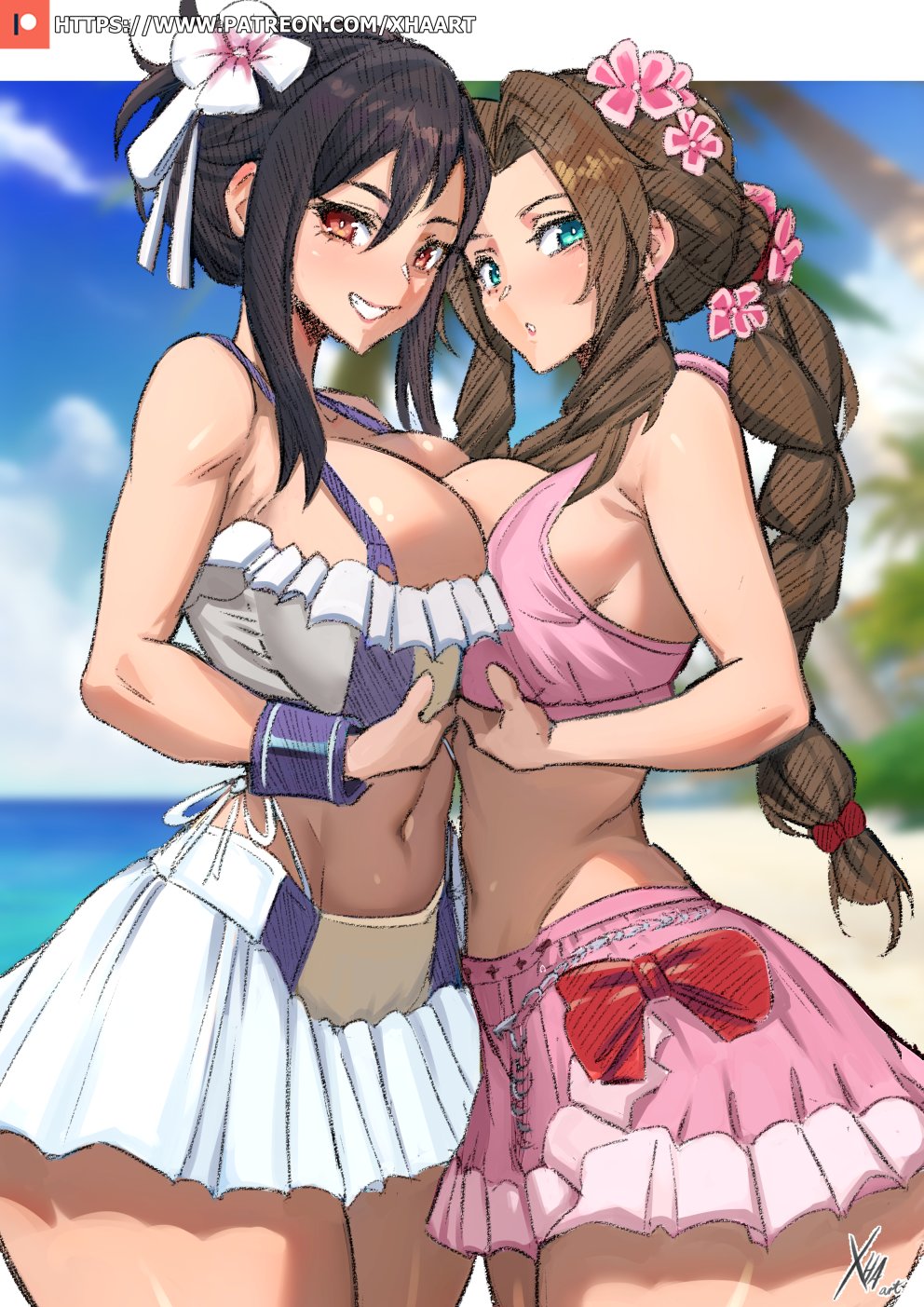 2girls aerith_gainsborough aerith_gainsborough_(pink_mermaid) bare_arms bare_legs bare_shoulders bare_thighs beach big_breasts bikini bikini_bottom bikini_top black_hair blush brown_hair clothed clothing color female female_focus female_only final_fantasy final_fantasy_vii final_fantasy_vii_rebirth final_fantasy_vii_remake green_eyes hi_res large_breasts light-skinned_female light_skin long_hair looking_at_viewer multiple_girls red_eyes sand sea solo_female square_enix swimsuit tagme thick_thighs tifa_lockhart tifa_lockhart_(shining_spirit) water xhaart