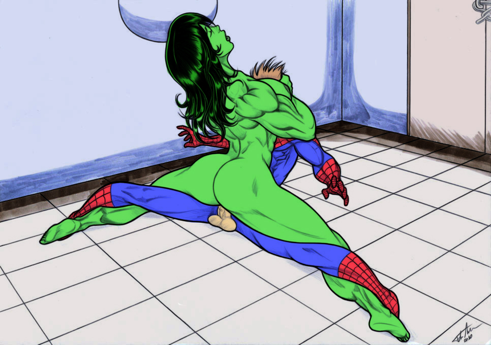 1boy 1girls 2010 ass avengers balls barefoot big_breasts breasts clothed_male clothed_male_nude_female color colored fabio_miranda feet female femdom green_hair green_skin hulk_(series) male marvel marvel_comics muscles muscular_female nude_female peter_parker sex she-hulk snu-snu spider-man spider-man_(series) straight unseen_male_face