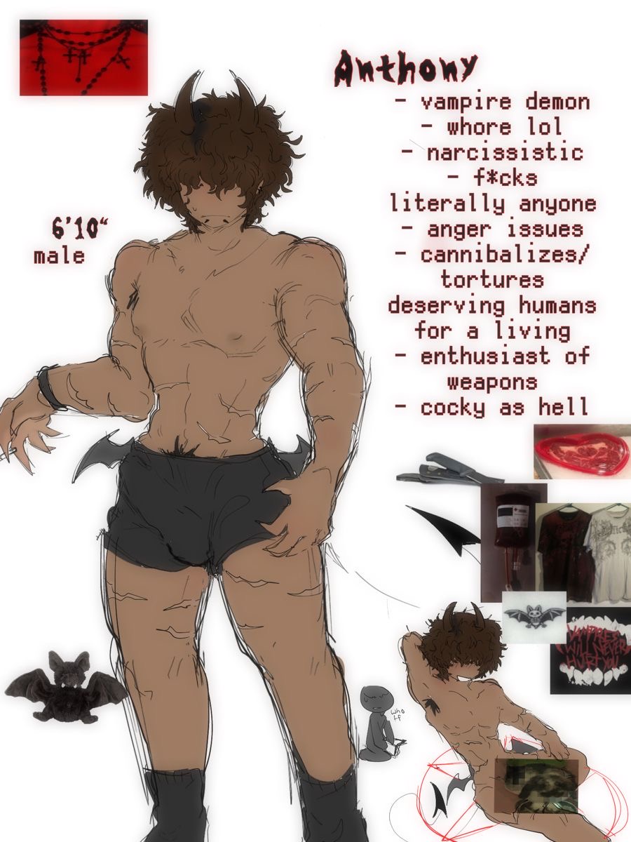 anthony_(knwives) black_shorts black_socks brown_hair brown_horns censored character_sheet demon hair_covering_eyes height_chart knwives muscular_male naked tan_skin vampire