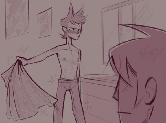 2boys before_sex eddsworld gay male_only oc oc_(eddsworld) ocxcanon ocxtord shirtless shirtless_male spiky_hair tord tord_(eddsworld) yaoi