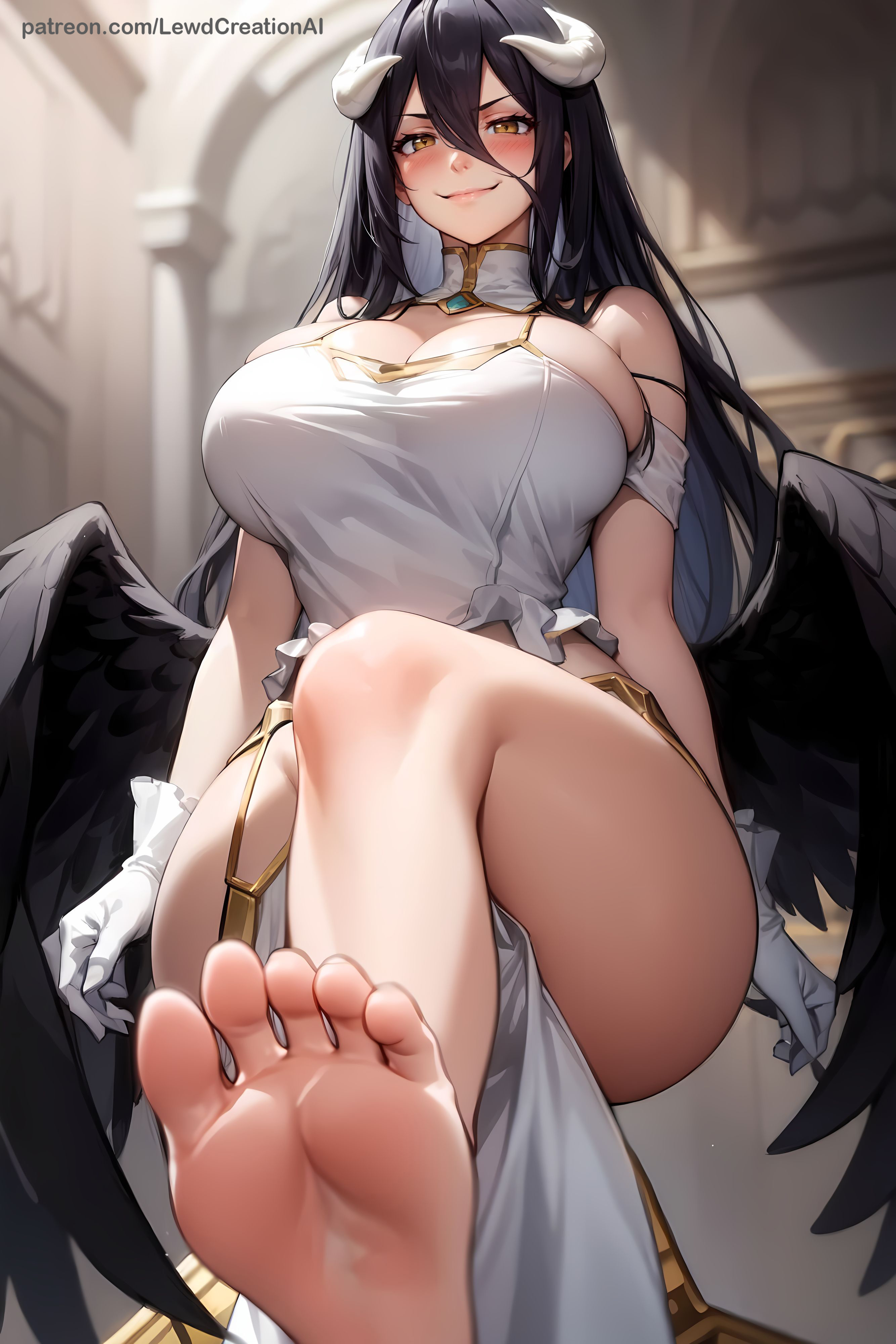 1girls, ai generated, albedo (overlord), ass, bare legs, bare thighs, barefoot, big breasts, big feet, black hair, black wings, blush, blush lines, blushing at viewer, breasts, curvy, curvy figure, demon, demon girl, demon horns, dominant, dominant female, domination, feathered wings, female, foot fetish, foot focus, foot up, foot worship, from below, grin, heels, huge breasts, lewdcreationsai, looking at viewer, low wings, mature, mature female, overlord (maruyama), smirk, smirking, soles, solo, solo female, solo focus, standing, standing on one leg, tagme, thick, thick ass, thick legs, thick thighs, thighs, toes, wings, yellow eyes