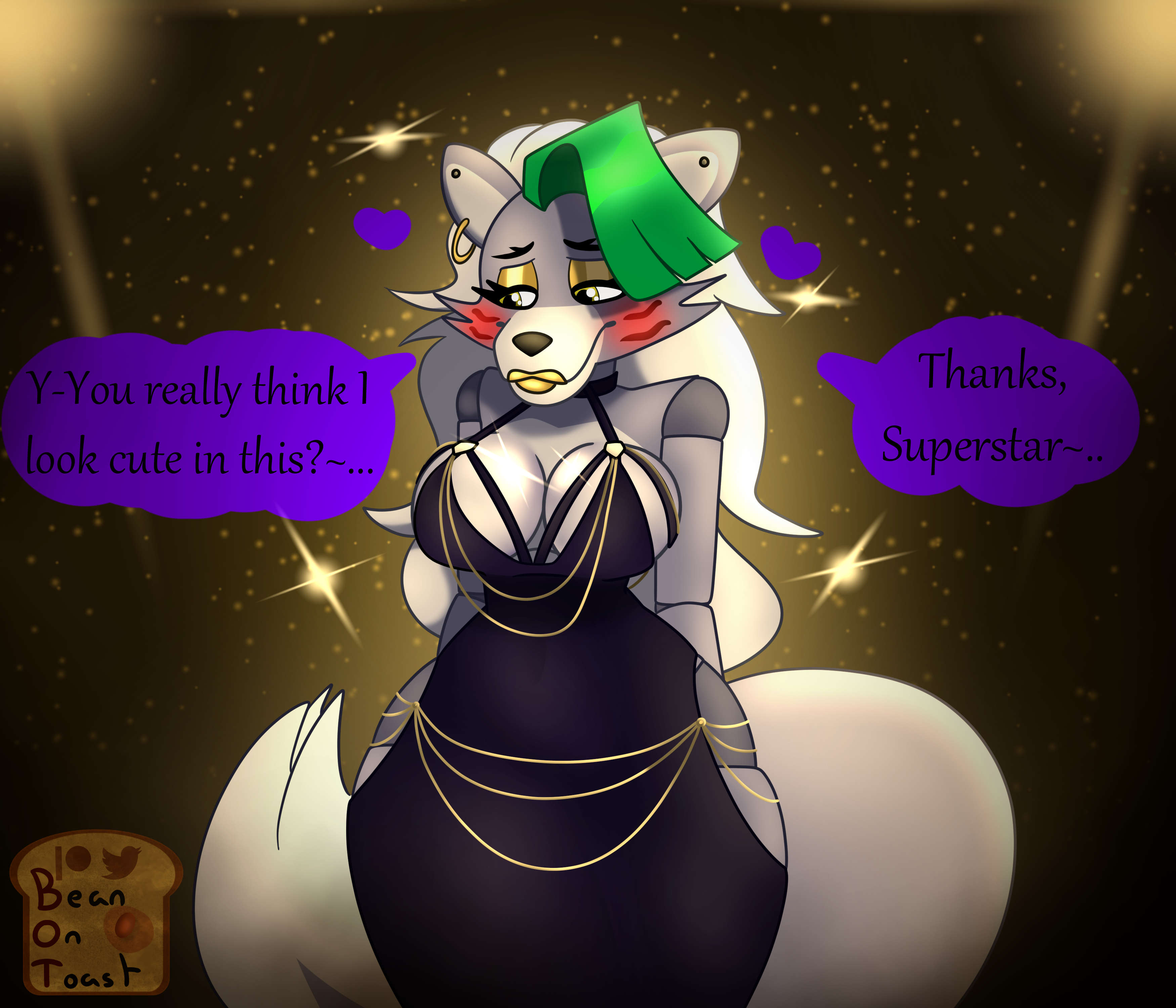 2d, 2d (artwork), 2d artwork, anthro, beanontoast, big breasts, black dress, blush, breasts, dress, female, five nights at freddy's, five nights at freddy's: security breach, fnaf, green hair, grey fur, grey hair, makeup, modakawa dress, no nostrils, robot girl, roxanne wolf (fnaf), scottgames, solo, steel wool studios, twitter source, wolf girl