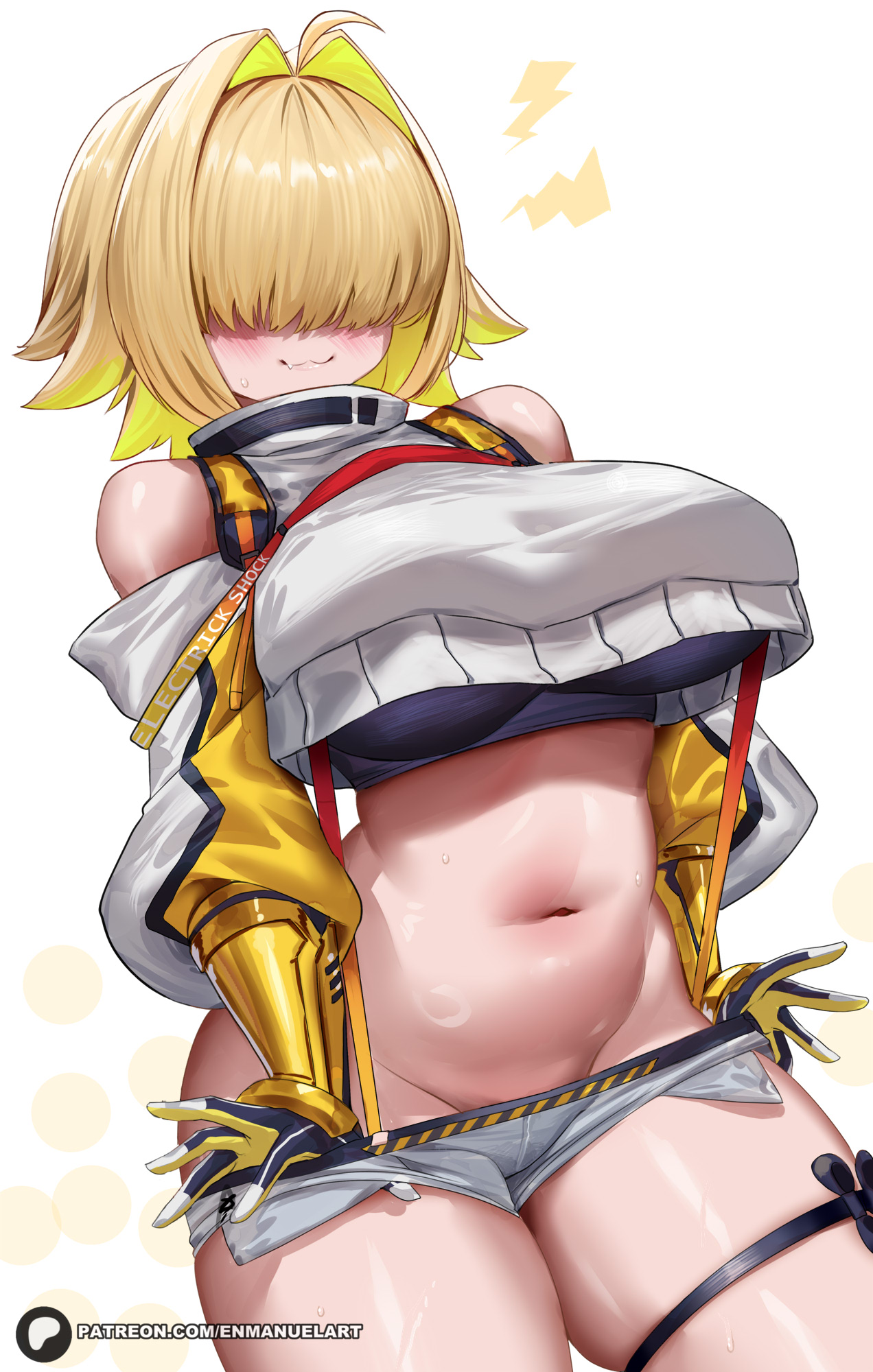 :3, 1girls, ahoge, bare shoulders, bare thighs, big breasts, blonde hair, blush, booty shorts, breasts, clothed, clothing, color, cute fang, elegg (nikke), enmanuelart20, female, female focus, female only, gloves, goddess of victory: nikke, hair over eyes, hi res, large breasts, light skin, light-skinned female, navel, no panties, pulling down pants, short hair, short shorts, shorts, solo, solo female, suspenders, tagme, thick thighs, thigh strap, two-tone hair, underboob, undressing, white background
