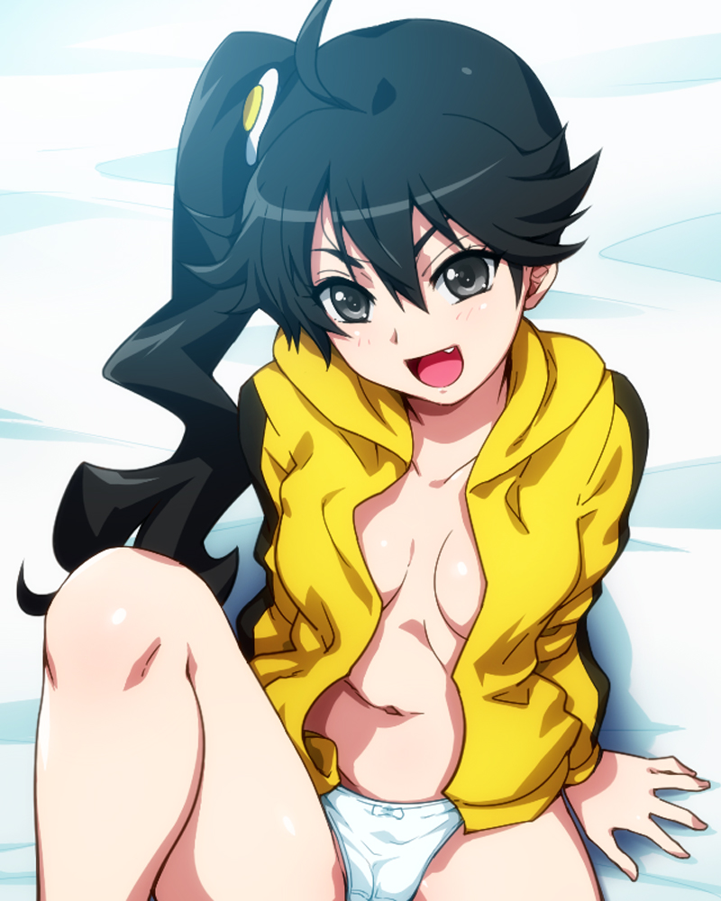 10s :d araragi_karen bed_sheet black_eyes black_hair bow bow_panties breasts cameltoe female hairu hood hooded_track_jacket hoodie jacket long_hair looking_at_viewer monogatari_(series) naked_hoodie navel nisemonogatari oerba_yun_fang open_clothes open_mouth open_shirt panties ponytail shirt side_ponytail small_breasts smile solo track_jacket underwear