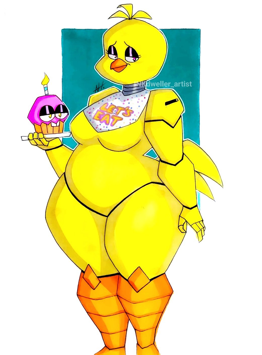 avian bib bird chica_(fnaf) classic_chica_(fnaf) cupcake cupcake_(fnaf) feathers five_nights_at_freddy's fnaf inkdweller purple_eyes solo tail tail_feathers yellow_body