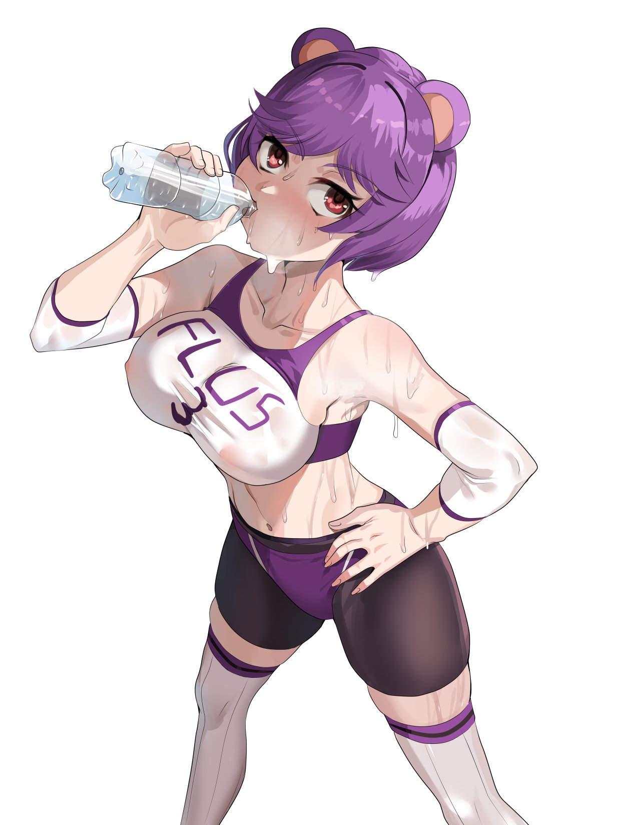 1girls breasts drinking faunus female female_only fully_clothed gym_clothes looking_at_viewer nico-mo oc purple_hair rat_ears rat_girl red_eyes rwby stockings sweat tight_clothing translucent_clothing water_bottle wet_clothes