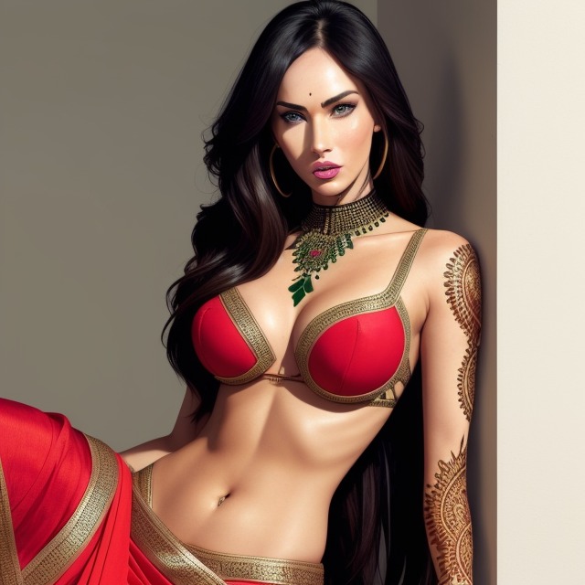 1girls actress ai_clothes ai_generated bindi black_hair female female_only henna hidden_hands_because_ai human human_only indian_style light-skinned_female light_skin megan_fox saree solo solo_female tattoo tattoo_on_arm tattooed_arm tattoos