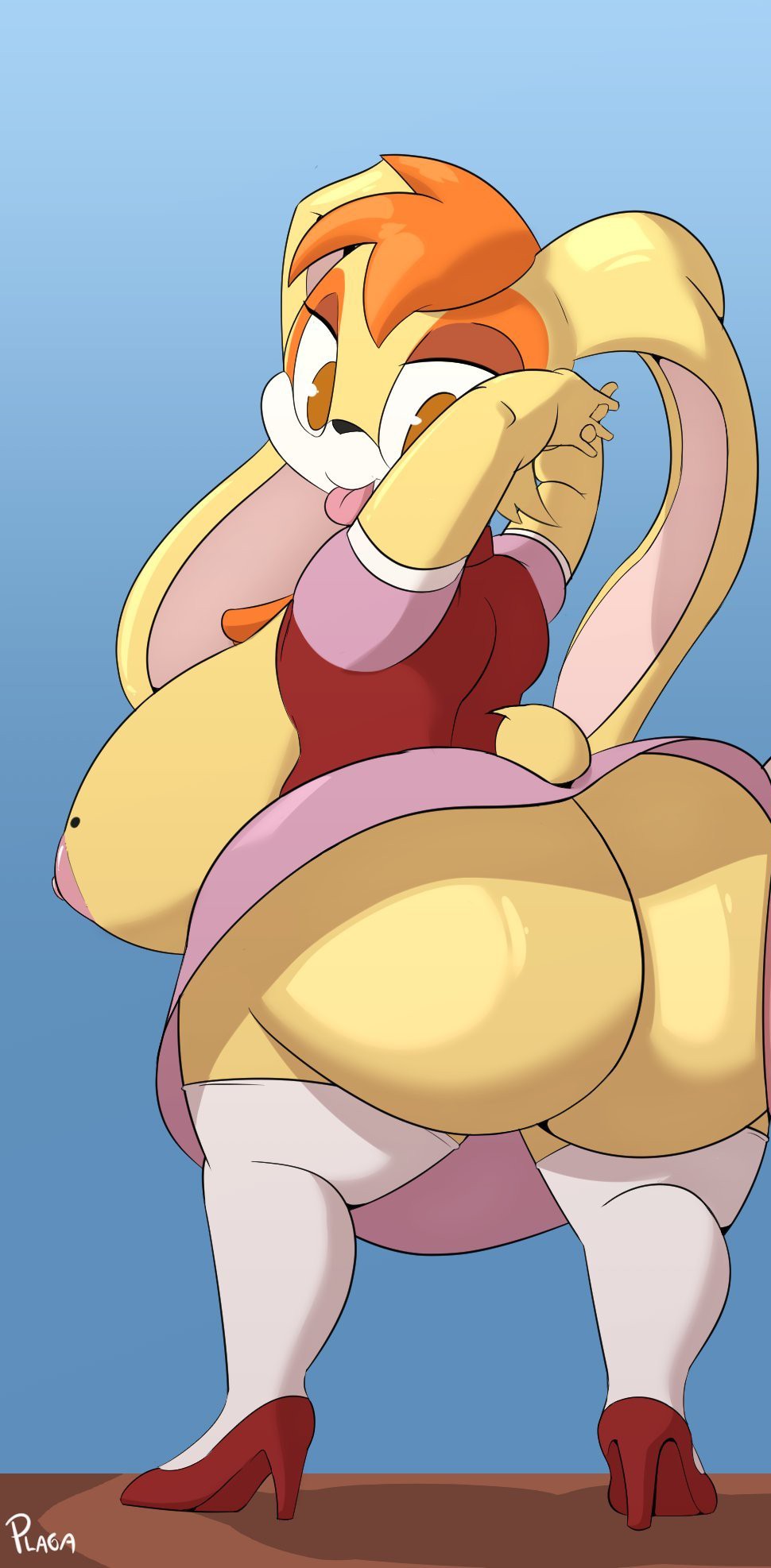 1girls amber_eyes anthro artist_name ass_built_separately big_breasts body_fur edit fat_ass female female_only looking_at_viewer nipples no_visible_genitalia orange_hair plaga rabbit sega solo sonic_(series) sonic_the_hedgehog_(series) tongue tongue_out twerking vanilla_the_rabbit yellow_fur