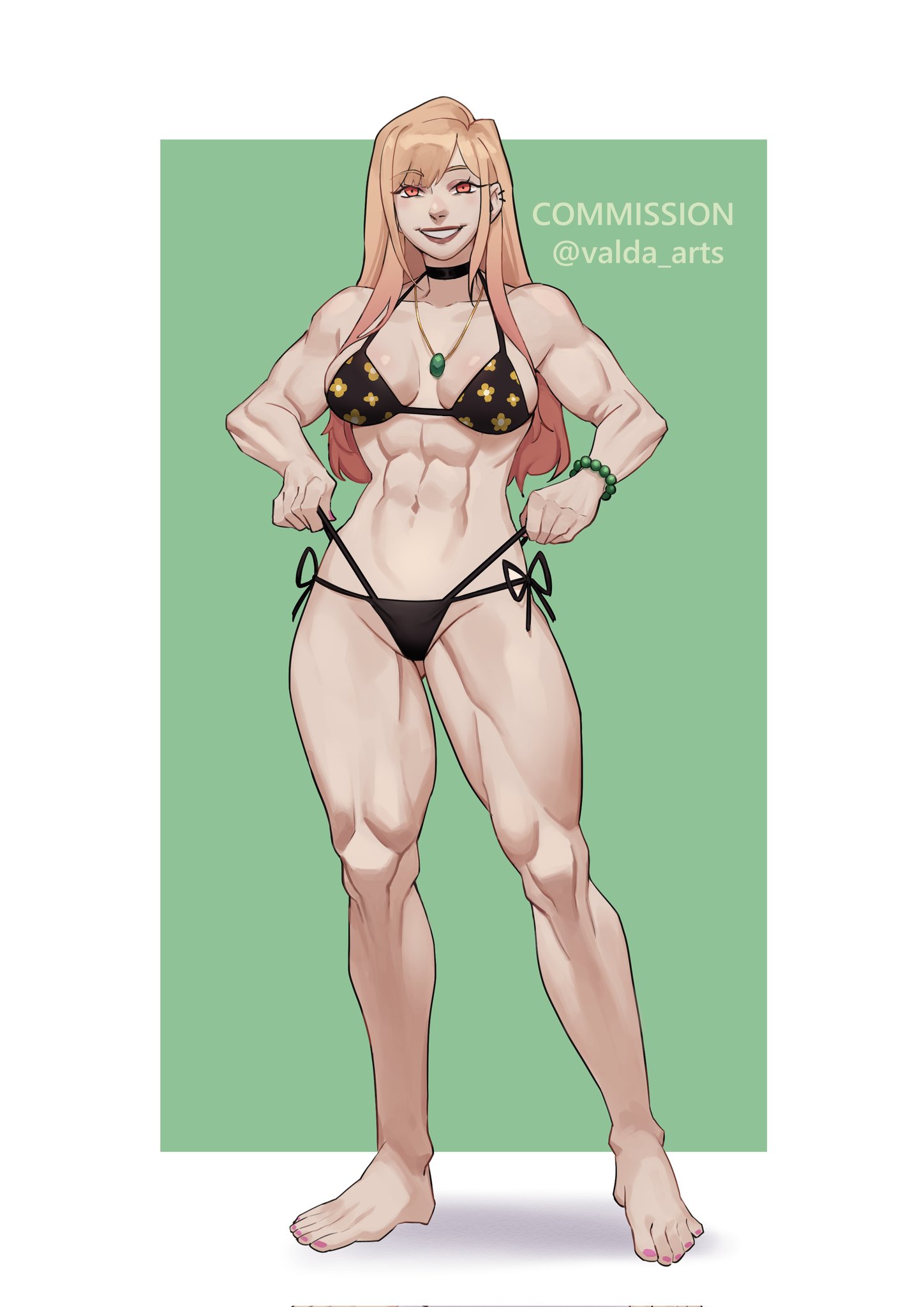 1girls, abs, absurd res, aged up, alternate breast size, biceps, bikini, blonde hair, breasts, choker, commission, female, gyaru, hi res, kitagawa marin, large breasts, muscular, muscular female, navel, necklace, print bikini, red eyes, simple background, smile, solo, sono bisque doll wa koi wo suru, standing, swimsuit, thick thighs, valda arts, watermark