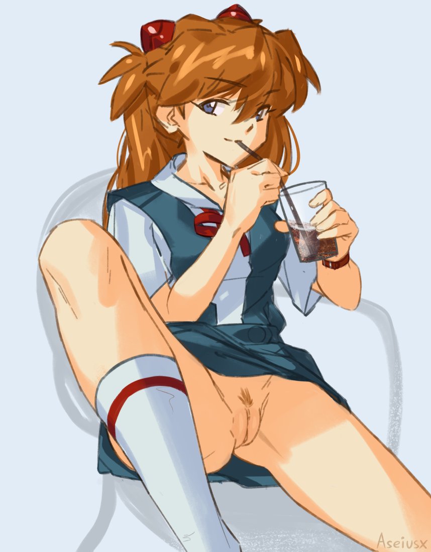 1girls aseiusx asuka_langley_sohryu brown_hair brunette_hair drink drinking female female_only female_pubic_hair grin light-skinned_female light_skin neon_genesis_evangelion no_panties no_panties_under_skirt petite petite_body petite_female pubic_hair pussy pussy_peek school_uniform schoolgirl schoolgirl_uniform smug smug_grin socks thighs uncensored vagina vhfd