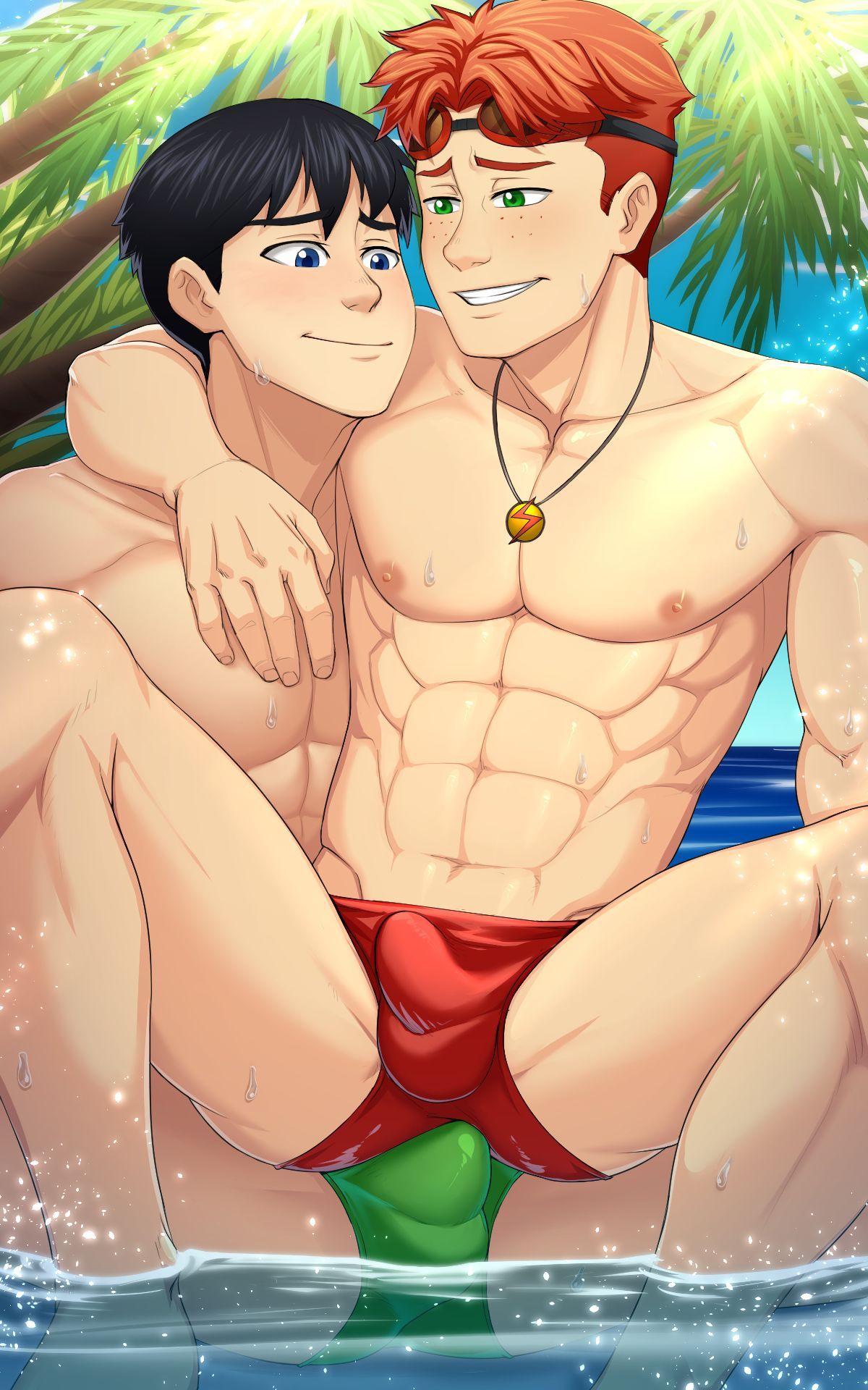 2boys black_hair bulge dc dc_comics dick_grayson gay green_eyes kid_flash male male/male male_only nightwing red_hair robin_(dc) robin_(dick_grayson) shirtless swimsuit underwear wally_west